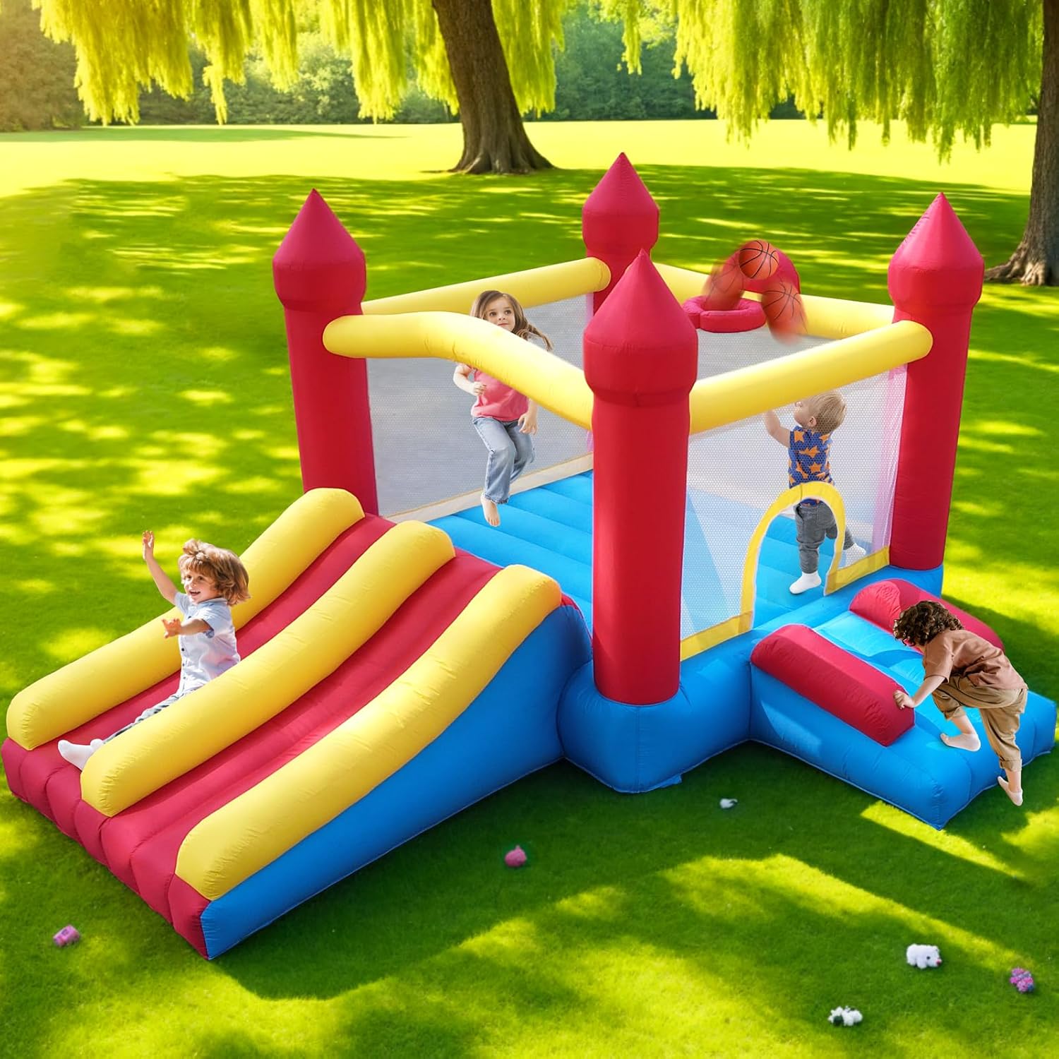 Bounce House with Double Slide,5-in-1 Inflatable Jumping Castle for Toddlers & Kids 2-10, Features Basketball Hoop & Large Bounce Area, Fast Setup with Blower for Outdoor Indoor Play