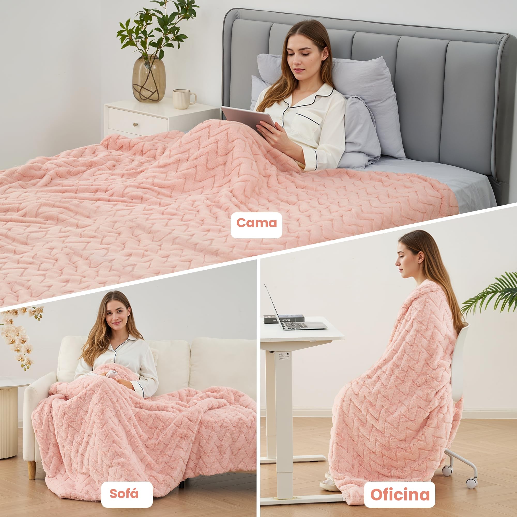 Manta Eléctrica 130x180 cm, Suave Vellón de Conejo y Sherpa, 4 Niveles de Temperatura y Apagado Automático 10H, Calor Corporal Completo, Lavable, para Sofá Cama Oficina (Rosa)