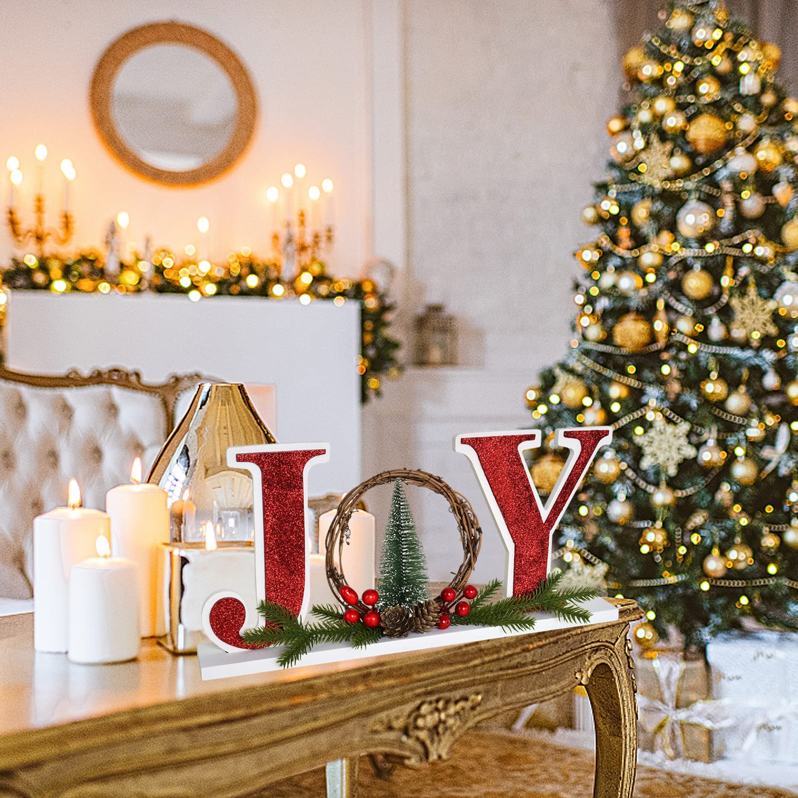 Letrero de madera de Navidad para decoración del hogar, decoración decorativa de madera con palabras de alegría, decoración rústica independiente del hogar, 40 x 19 cm, letrero de letras de bloque de