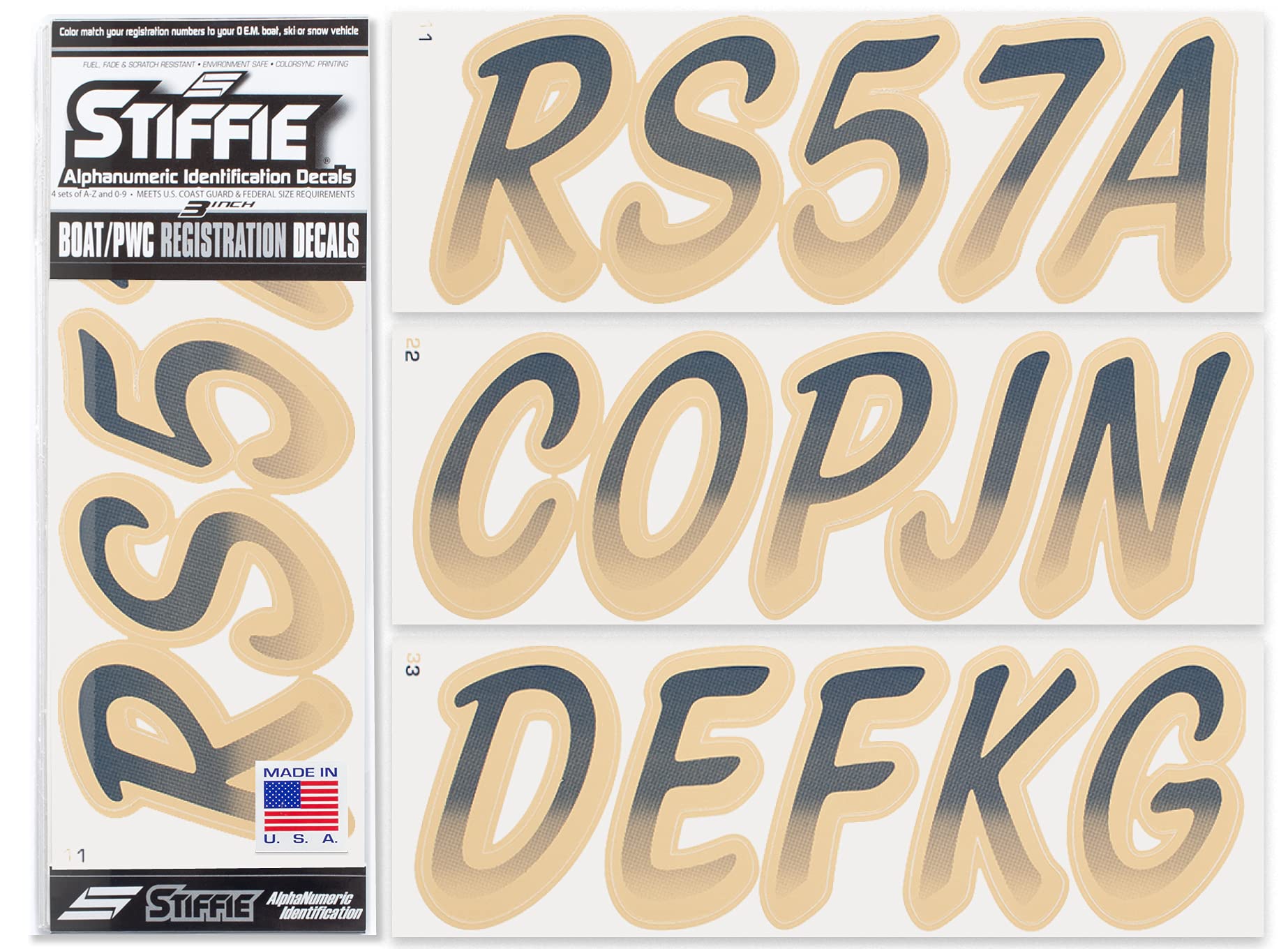 STIFFIE Whipline Navy/Tan 3" Boat &amp; PWC Registration Decals • Numbers Letters Stickers