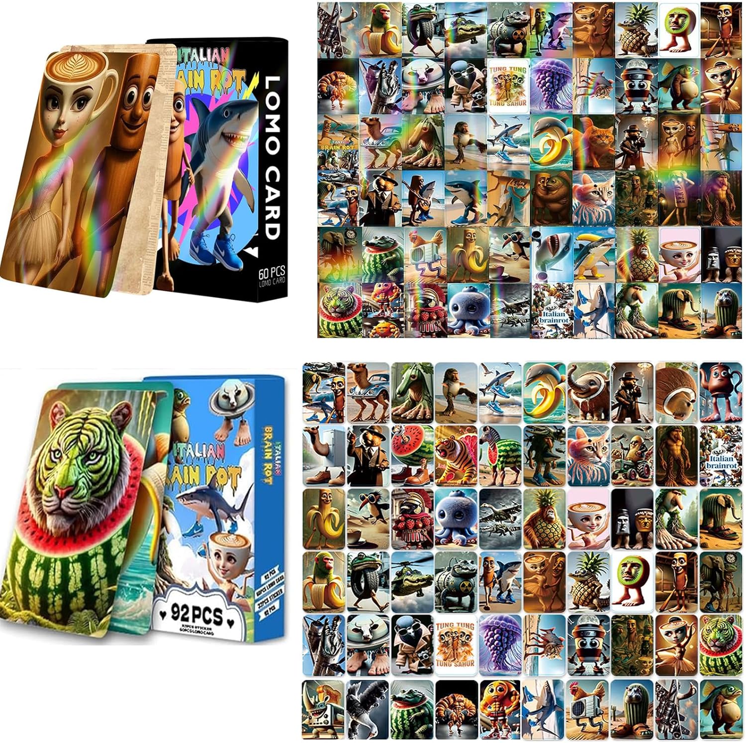 Italian Brainrot Cards Set, 60pcs Standard Cards with 32pcs Stickers and 60pcs Holographic Laser Cards, Fantasy Creature Trading Cards, No Duplicates