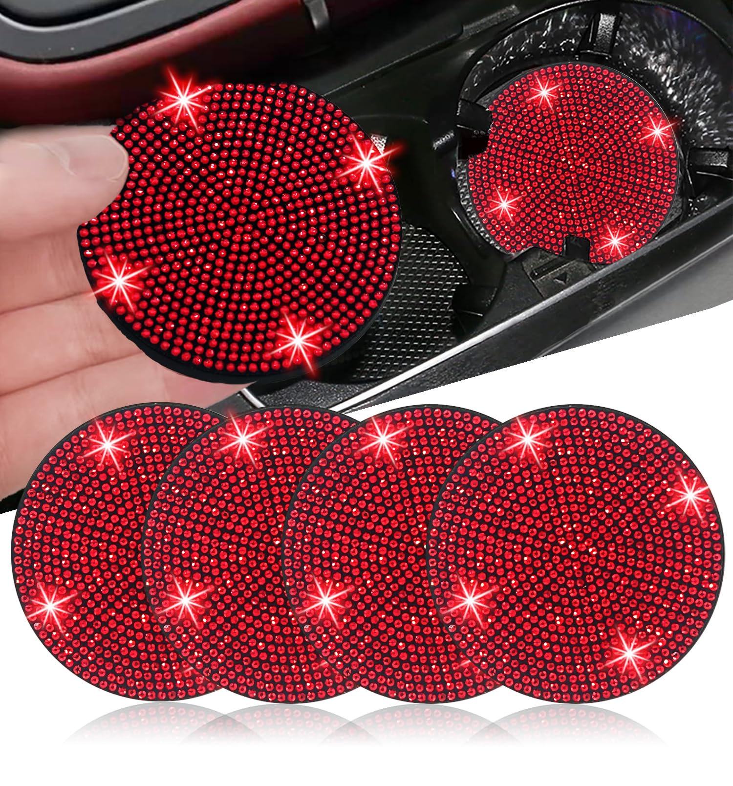 NBTEPEM 4pcs Bling Car Cup Holder Coaster, 2.75 inch Anti-Slip Shockproof Universal Fashion Car Coasters Insert Bling Crystal Rhinestone Automotive Interior Accessories for Women (4 pcs, Red)