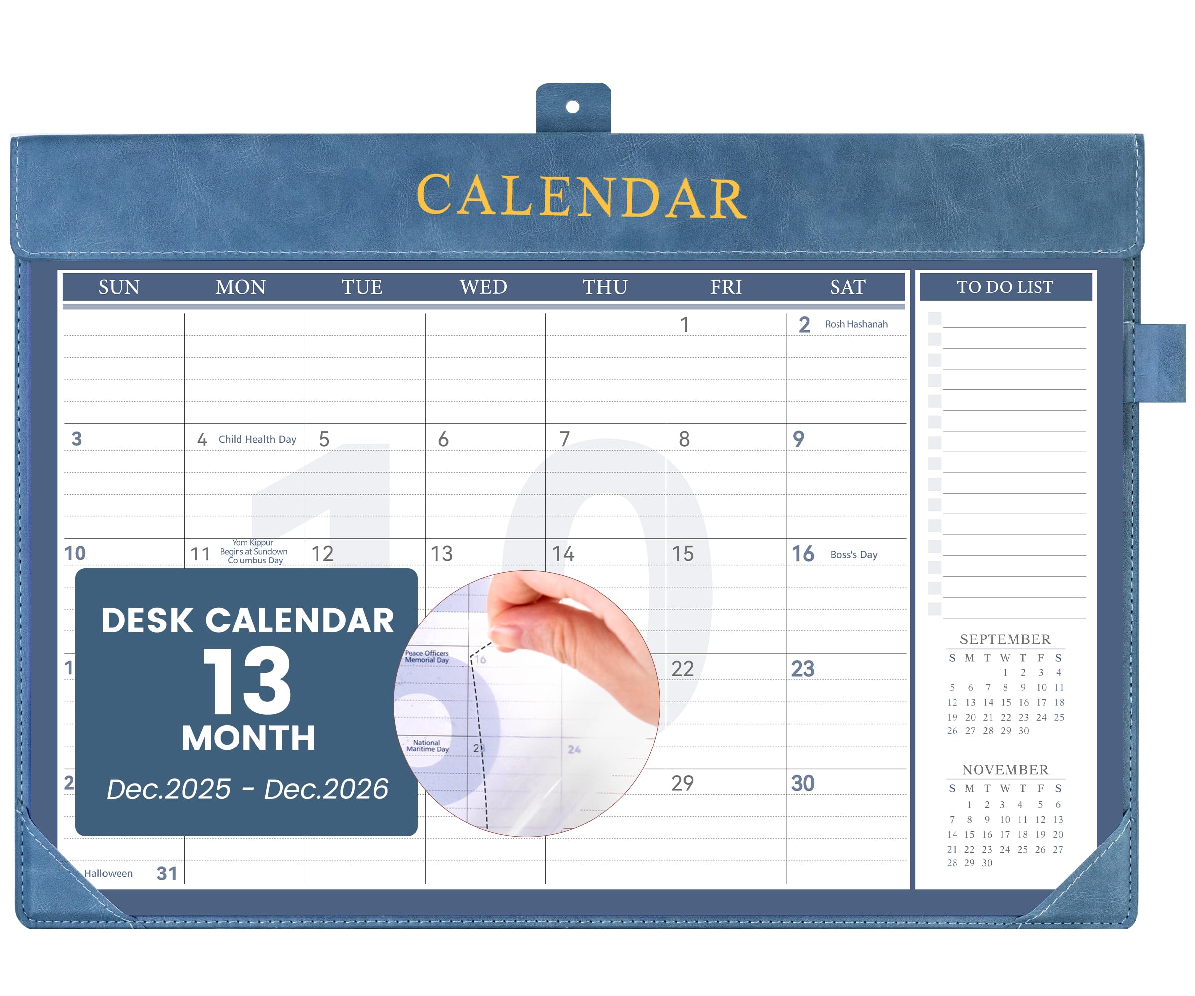 Yoment Schreibtischkalender 2026, Leder-Schreibtischkalender mit To-Do-Listen, 13 Monate, Schreibtischunterlage, Wandkalender mit Stifthaltern, PVC-Abdeckung für Arbeit, Büro, Schule, Zuhause, Damen