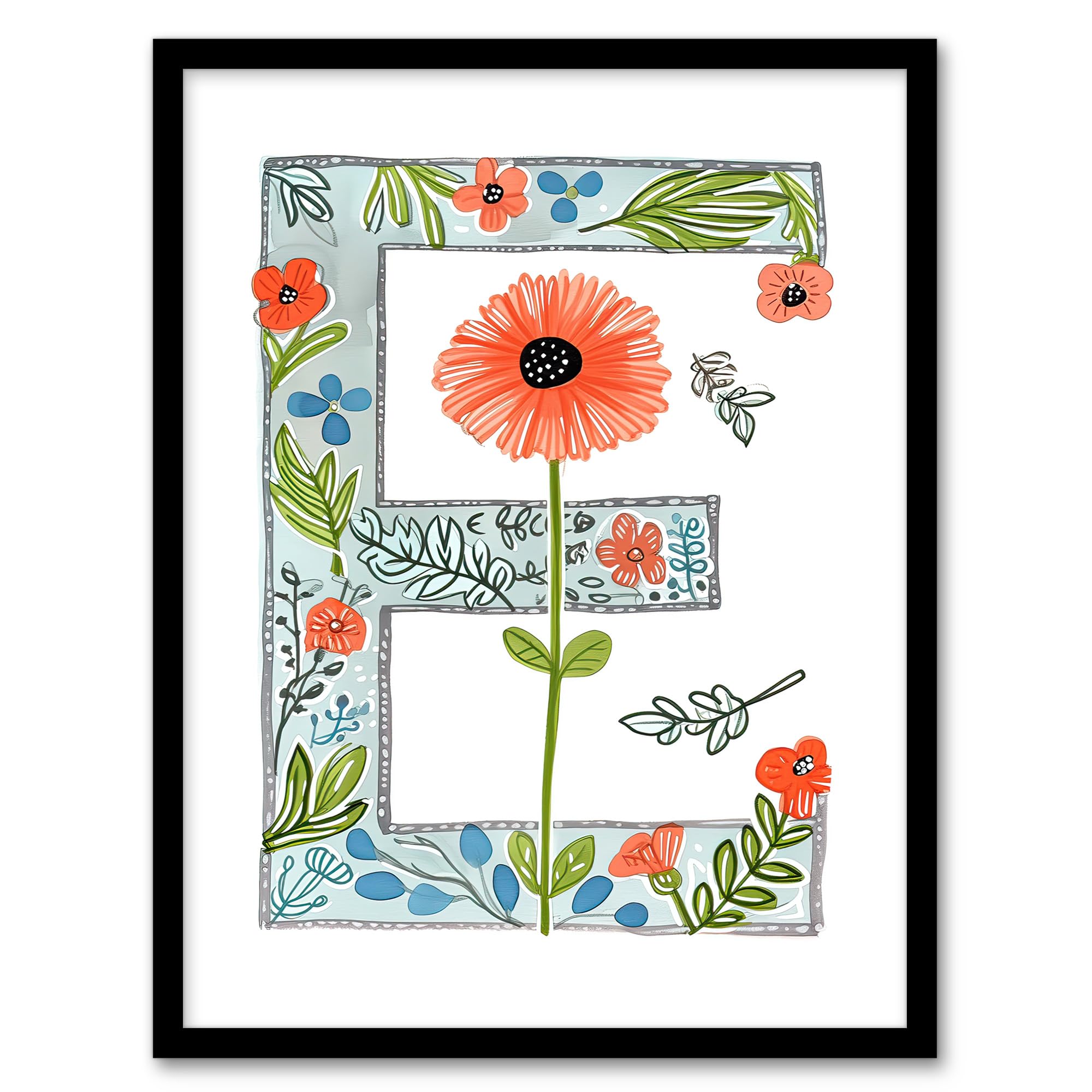 Artery8 Letter E in Watercolour Poppies and Wildflowers Floral Word Art For Her Birthday Mum Wife Woman Friend Artwork Framed Wall Art Print A4