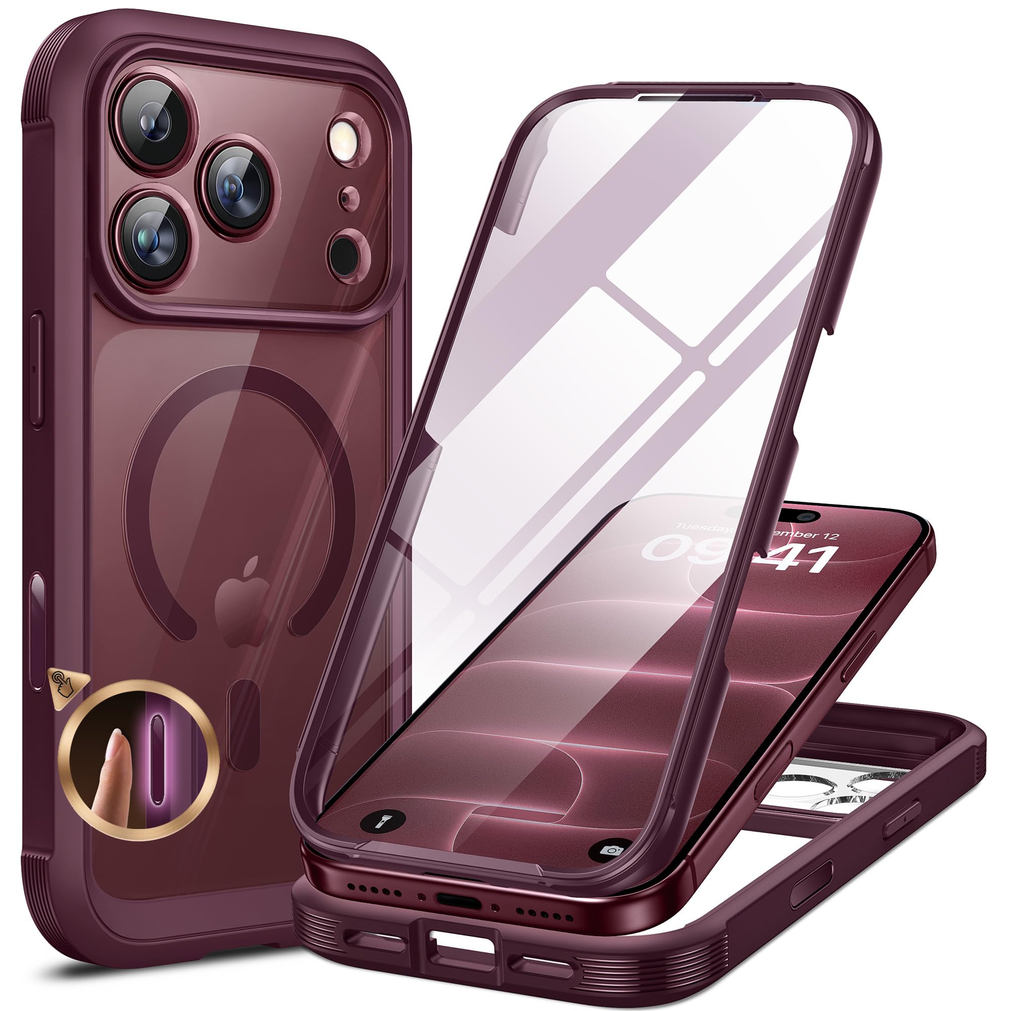 Miracase Magnetic for iPhone 18 Pro Case 6.3",Full Body Protection,Burgundy | Built-in Glass Screen & Full Camera Protector,Compatible with MagSafe,Military Drop Protection Phone Case with Camera Control