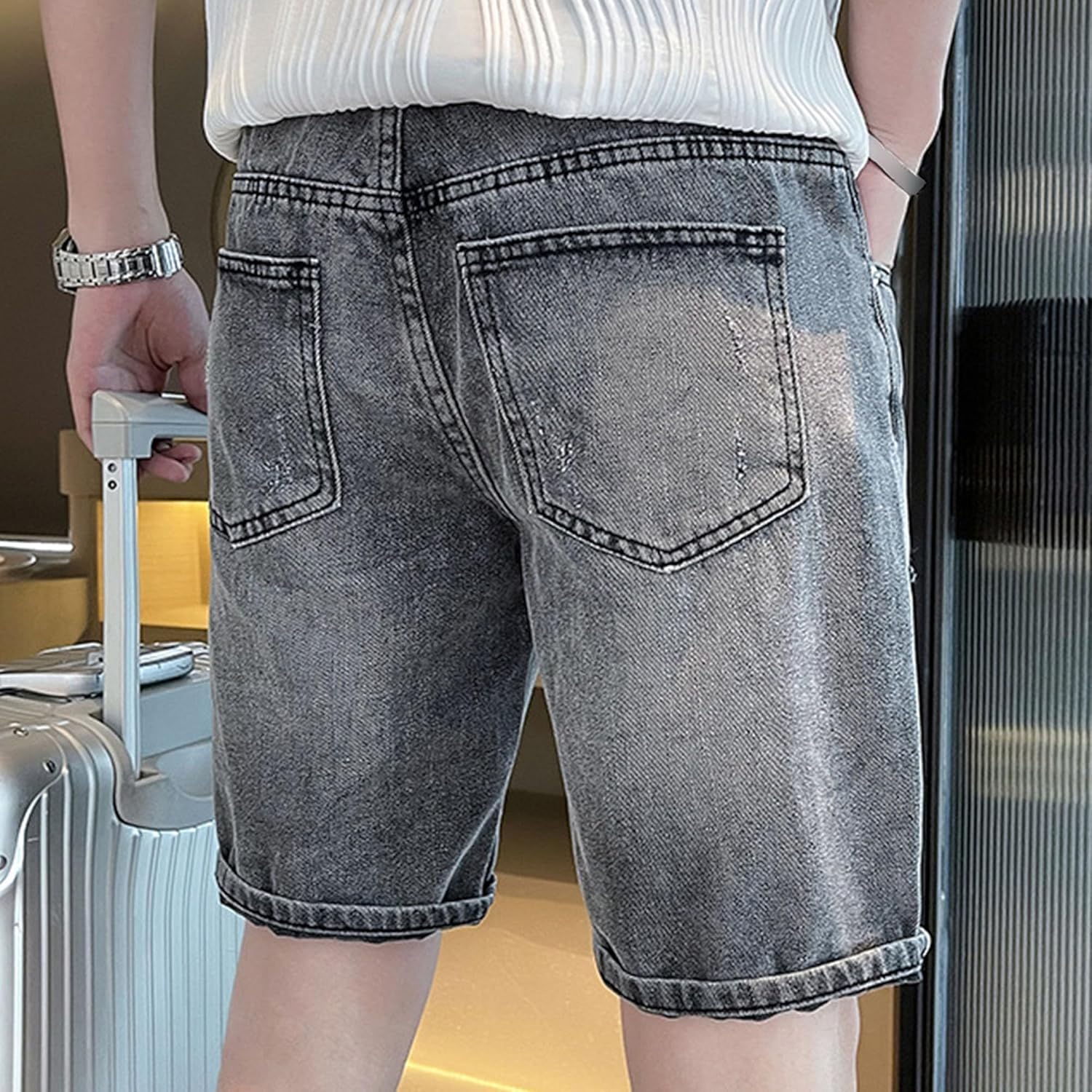 Men's Stylish Hip Hop Broken Jean Shorts Slim Fit Rolled Short