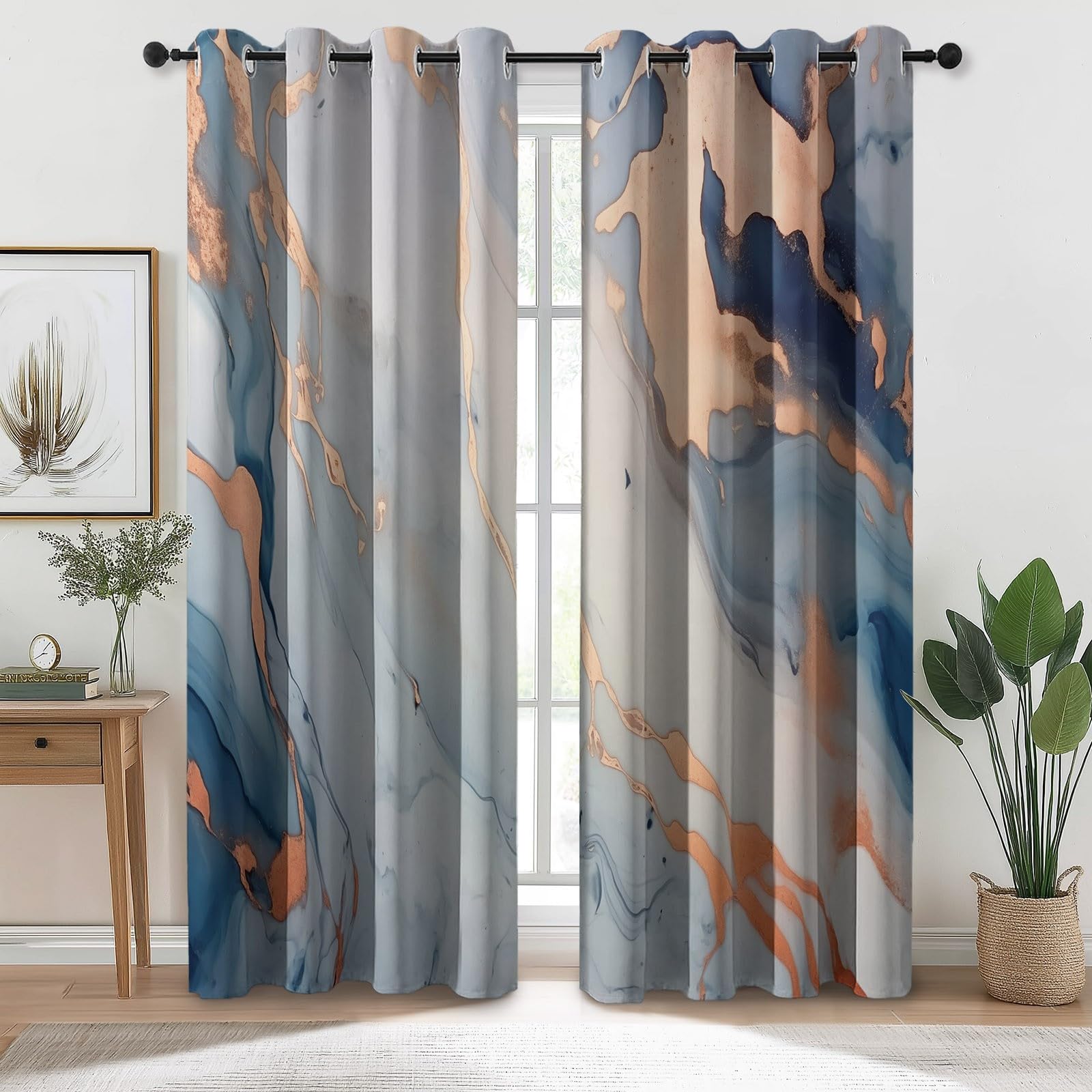 Zasłony zaciemniające z nadrukiem, 100% abstrakcyjny marmur płynny, 140 l x 180 cm (2 panele), termiczne, dźwiękochłonne, energooszczędne, z oczkami do sypialni, salonu niebieskie