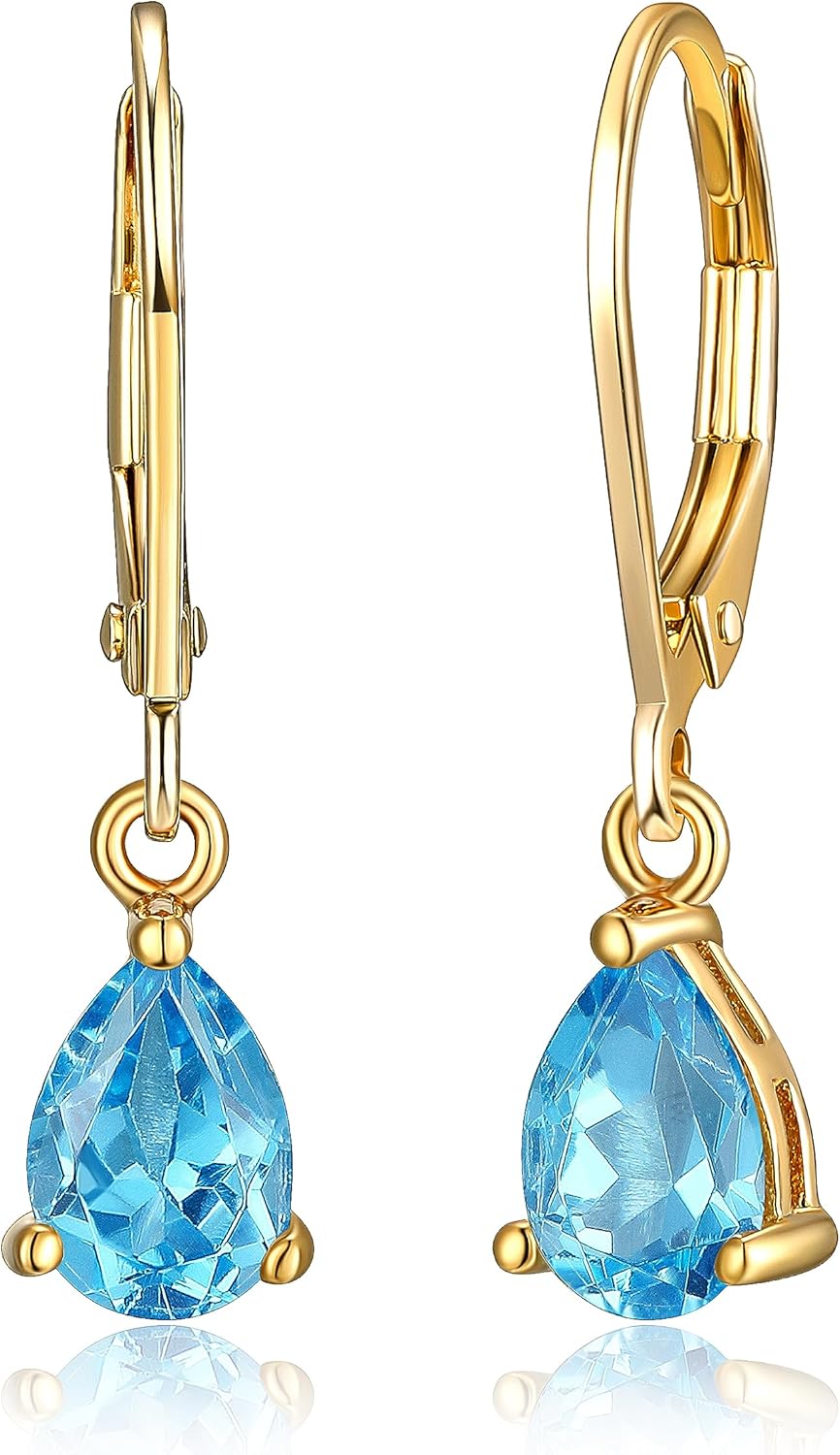 MORGAN & PAIGE .925 Sterling Silver 18K Gold Plated Swiss Blue Topaz Pear Cut 7x5mm Leverback Earrings for Women - Dainty Birthstone 1" Dangle Earrings Jewelry, Gemstone Birthday Gifts for Her