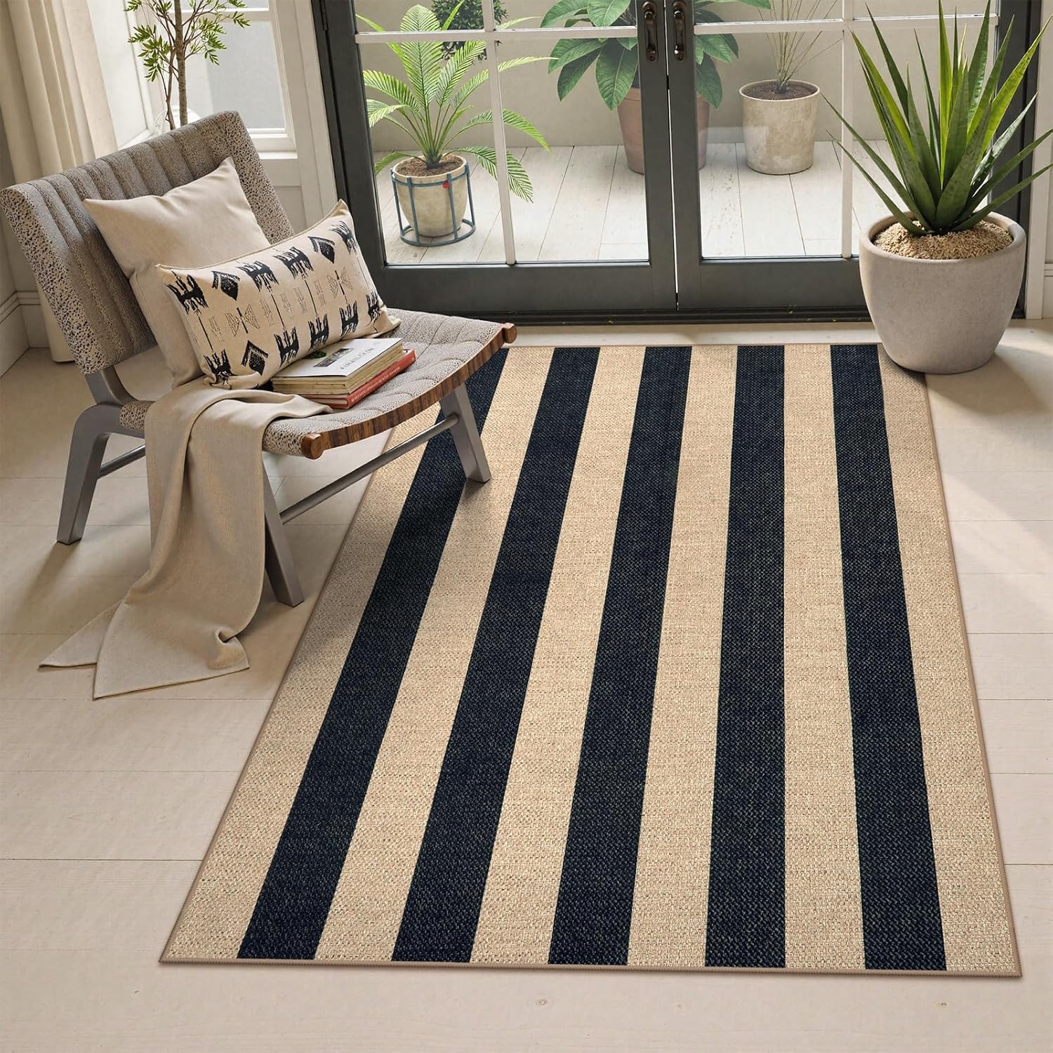 Lahome Striped Easy Jute Outdoor Patio Rug 3x5 Washable Rugs for Entryway Porch Farmhouse Neutral Non Shedding Indoor