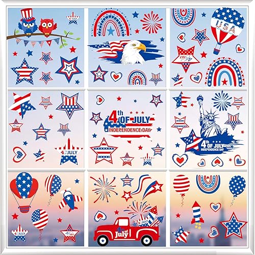 9 hojas de calcomanías para ventana del Día de la Independencia del 4 de julio, calcomanías para ventana, decoración de fuegos artificiales, bandera