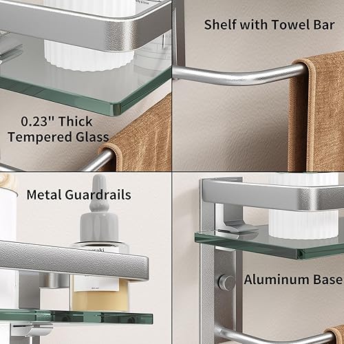Miniatura 9 de Danpoo Estante de pared de baño, estante de baño de vidrio templado, toallero de mano con estante (plata mate)