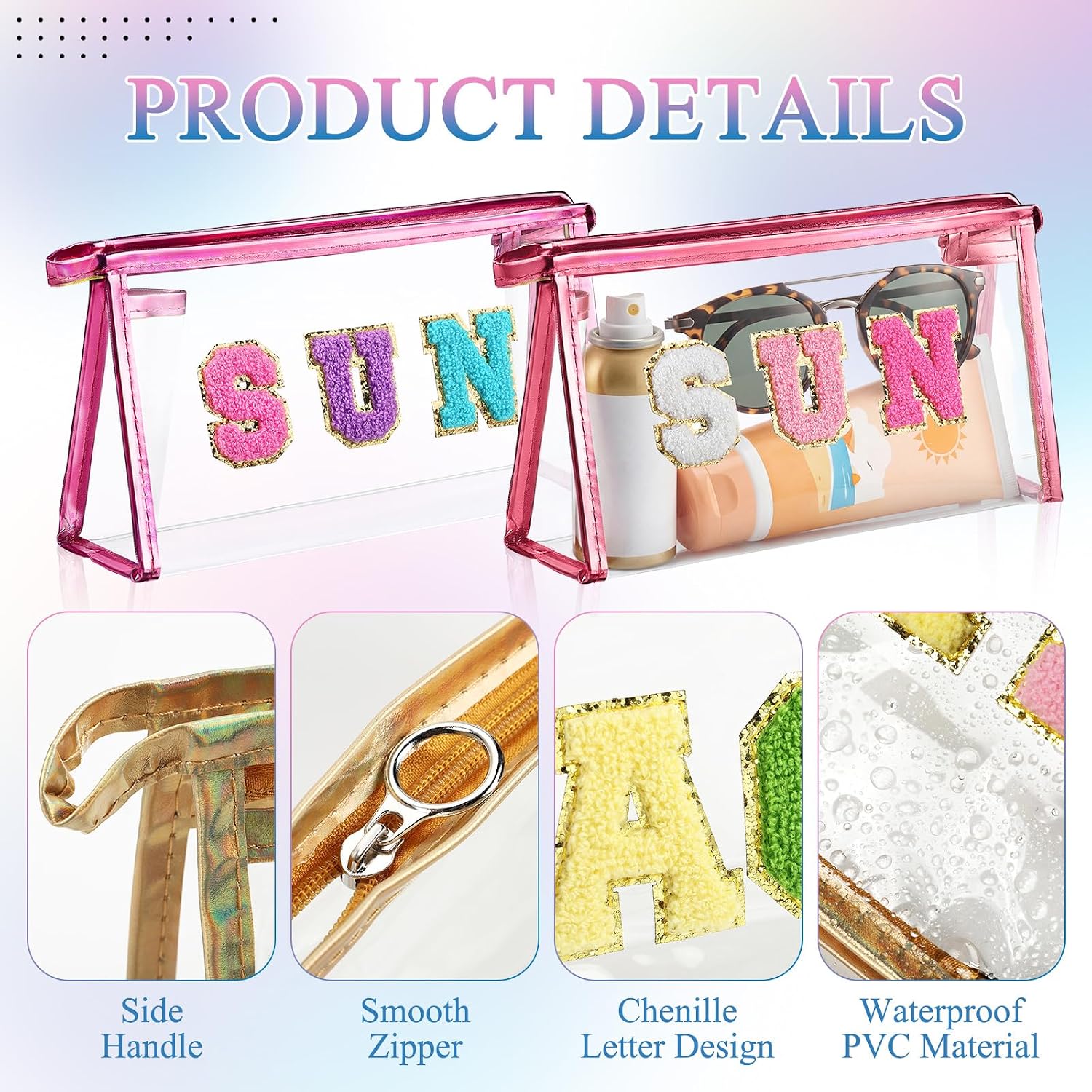 Weewooday 6 Pcs Clear Sunscreen Bag Preppy Patch SUN Makeup Bag Summer Essentials Clear Cosmetic Pouch Bulk Waterproof Toiletry Bags with Zipper for Women Summer Pool Travel Must Have Stuff