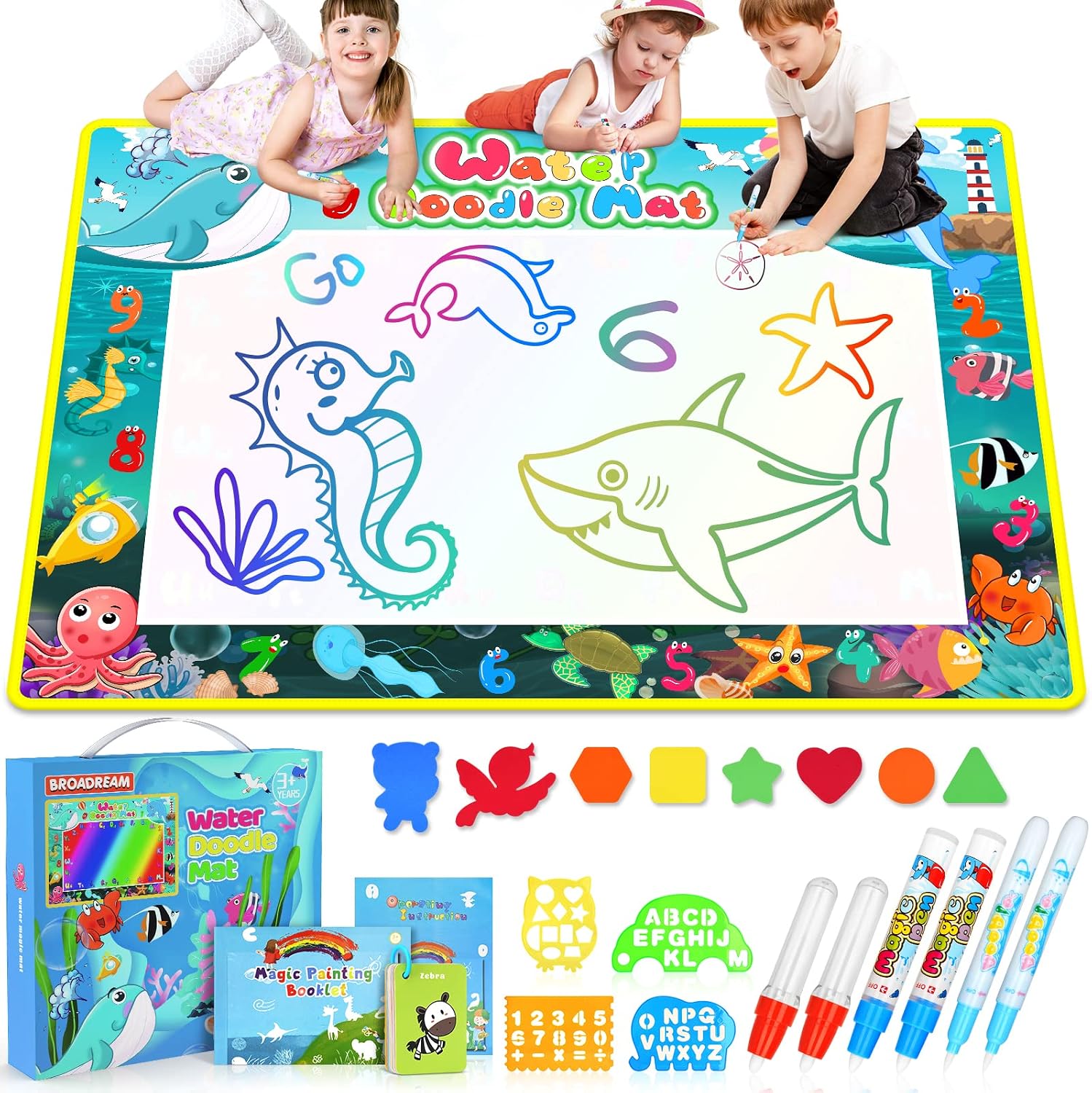 BROADREAM Water Doodle Mat Stocking Stuffers Extra Large Drawing Doodle Board Painting Aqua Magic Mat Kids Toys for Toddlers Boys Girls Age 3 4 5 6 7 8 Year Old Christmas Birthday Gifts