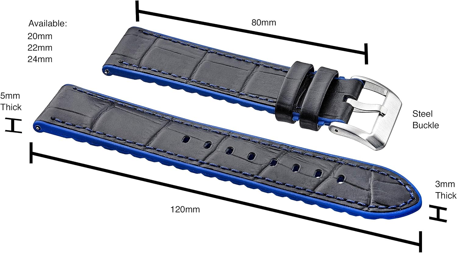 Alpine Genuine Alligator Grain Leather Watch Band with Silicone Waterproof Lining | Quick Release Watch Band | Compatible with Traditional & Smart Watches