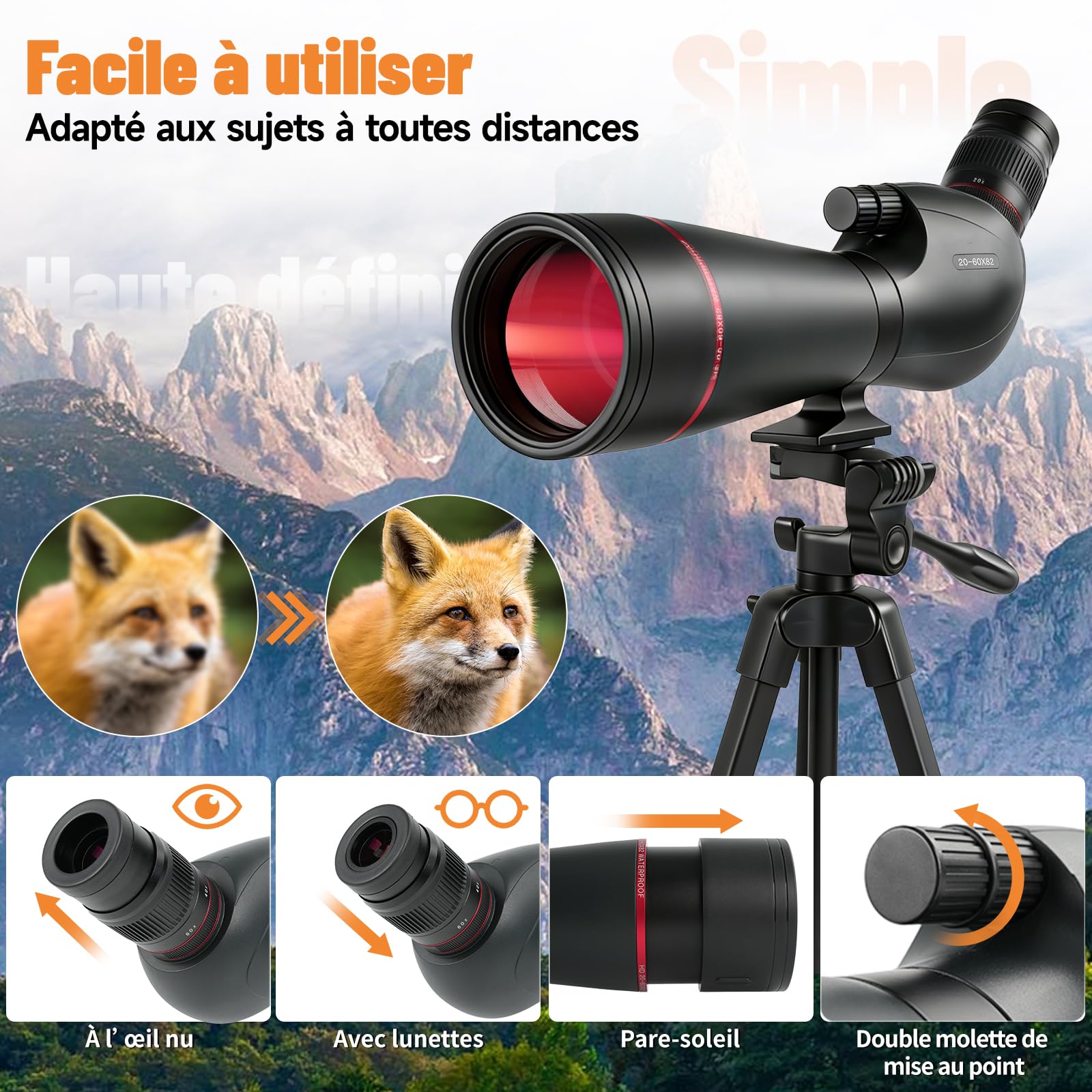Longue-Vue 20-60x82mm HD - Optique BAK4 FMC, IPX7 Étanche, Trépied + Adaptateur Téléphone - Observation Oiseaux Chasse Astronomie
