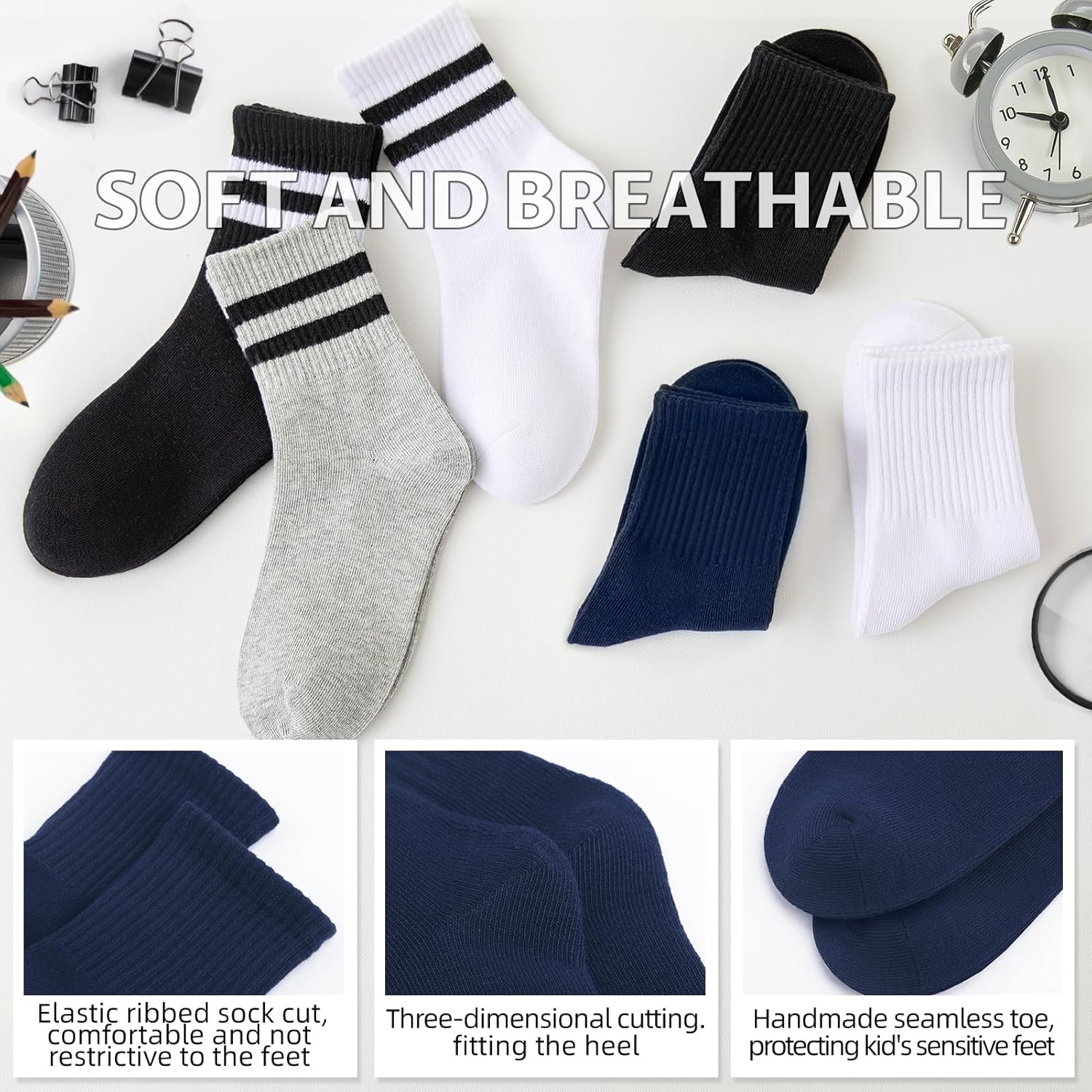 6 Pairs Kids Socks Boys Girls Athletic Crew Socks for School Uniform Cotton Seamless Toe - Image 3