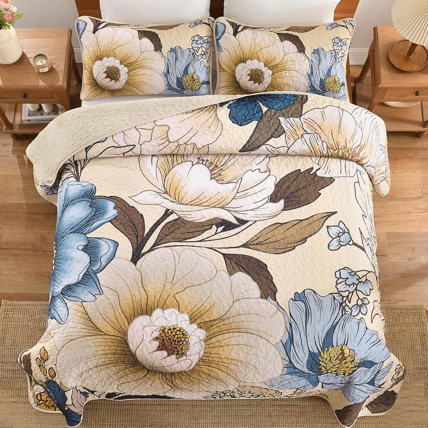 Dintszyayue Khaki Quilt Set Queen,3 Pieces Beige Floral Bedspreads Lightweight Coverlet Set for All Seasons, Reversible Quilted Printed Bedding Set with 2 Pillow Shams - Image 3