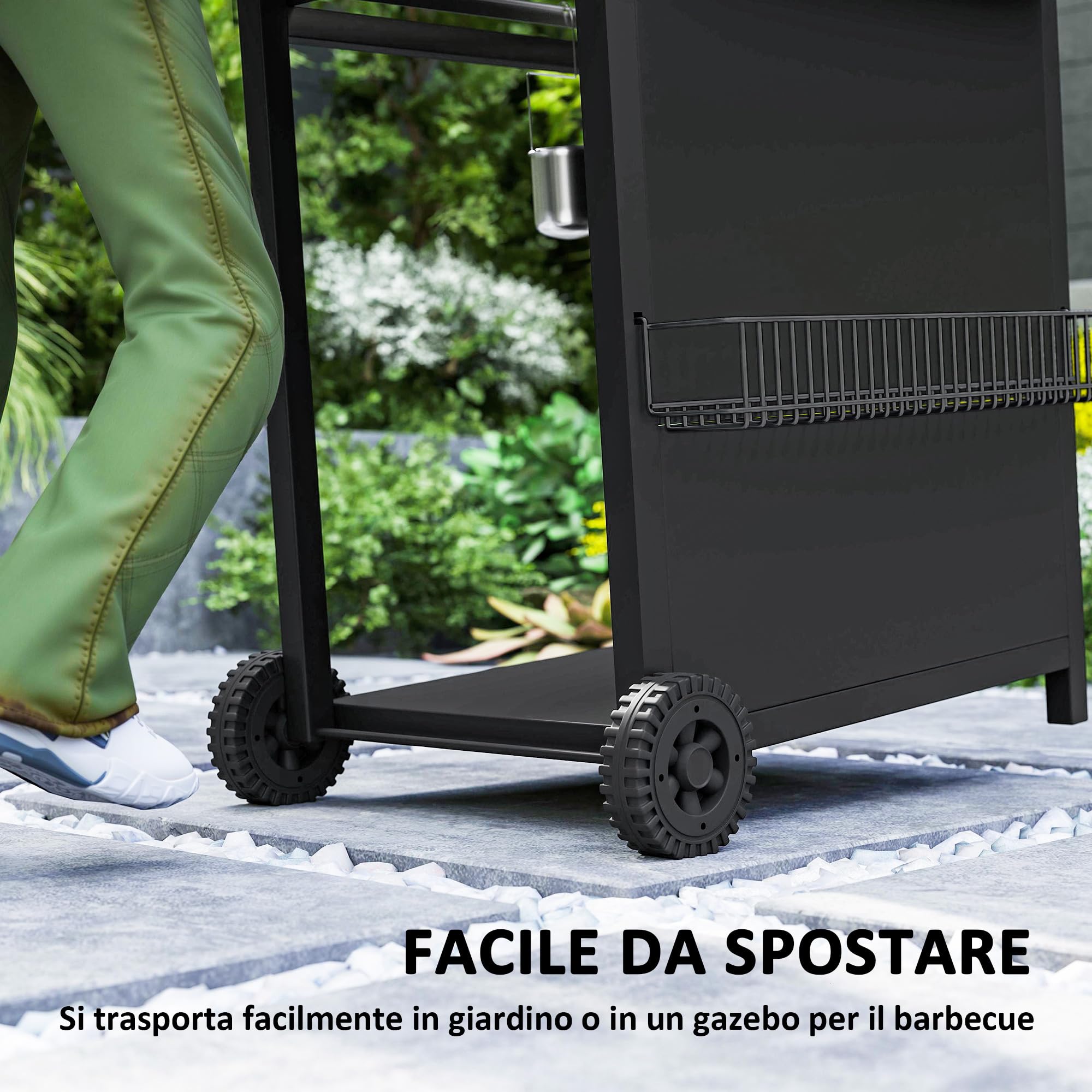 Outsunny Barbecue a Gas in Acciaio 3+1 Bruciatori, Coperchio, Termometro, Ruote, Nero
