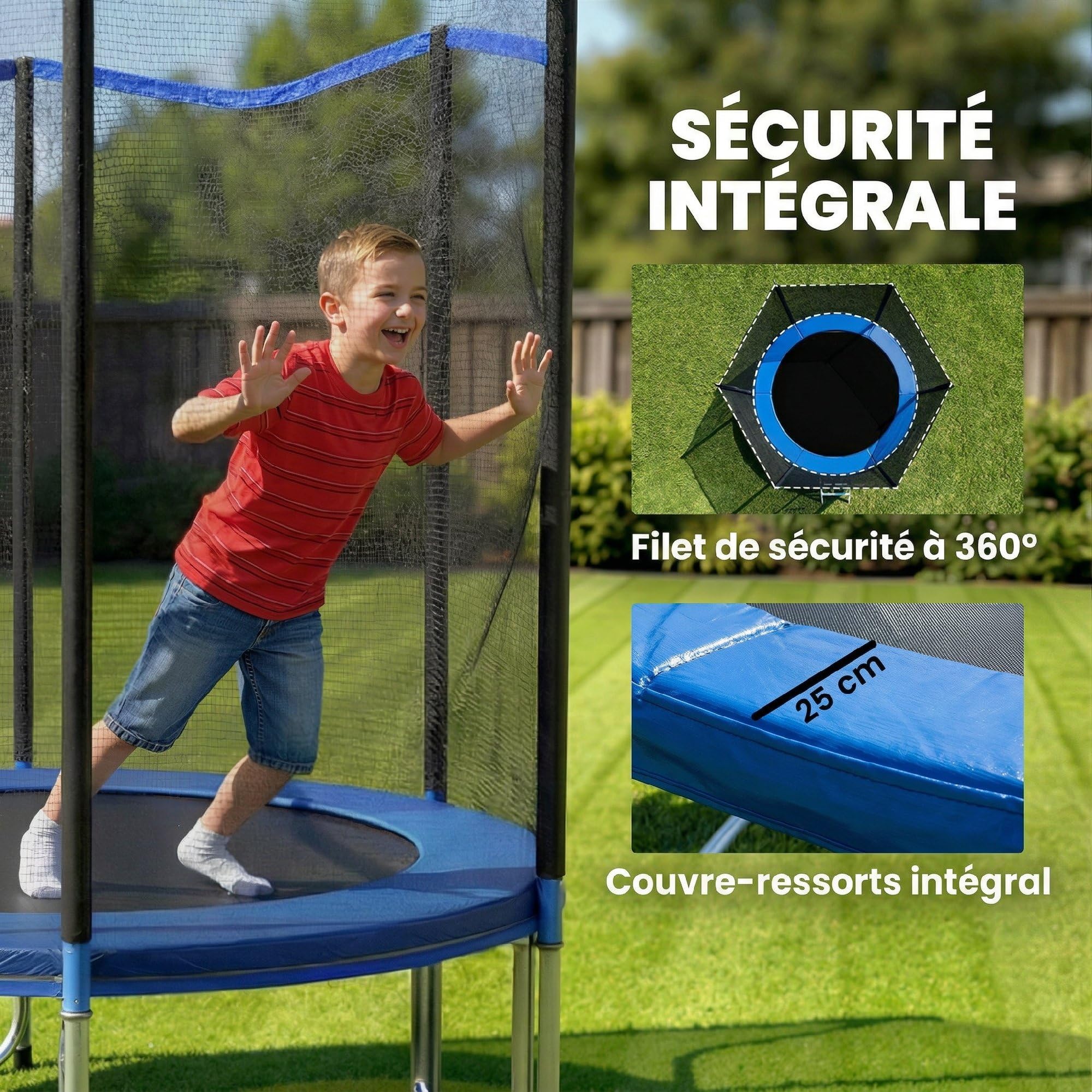 SPORTNOW Trampoline Extérieur Ø183cm pour Enfants et Adultes - Trampoline de Jardin Hauteur 2m avec 6 Poteaux au Sol Ultra Stables - Charge 80kg, 36 Ressorts, Échelle et Protection XXL 25cm, Bleu