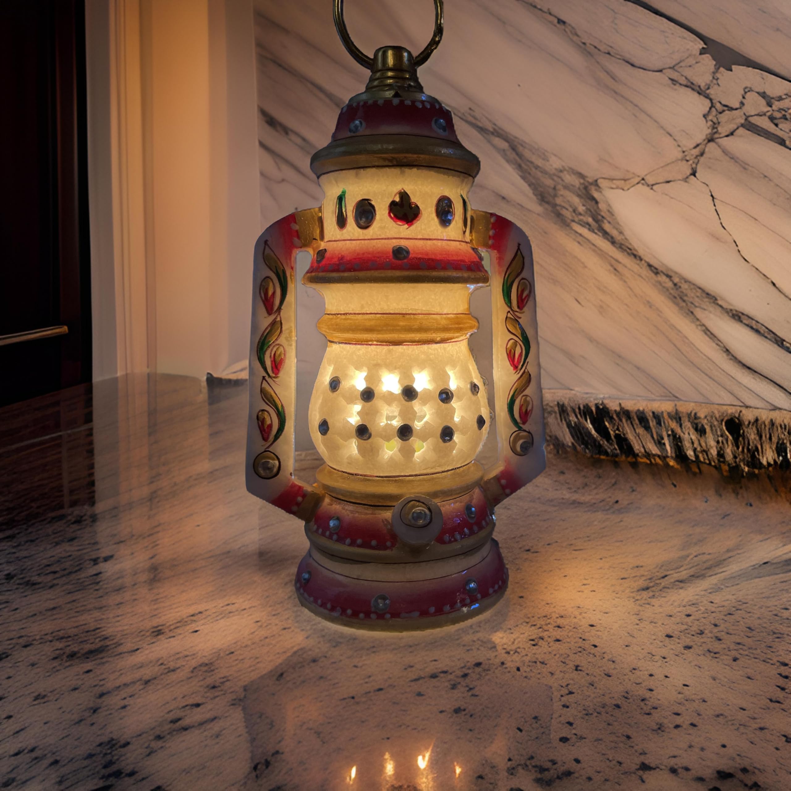 MARVELLMARBLES Marble Lamps for Home Decoration| Decorative Antique Rajasthani Round Table Lantern with Bulb| Meenakari & Kuppi Work of MAKRANA Marble, Multicoloured,(8 inch)