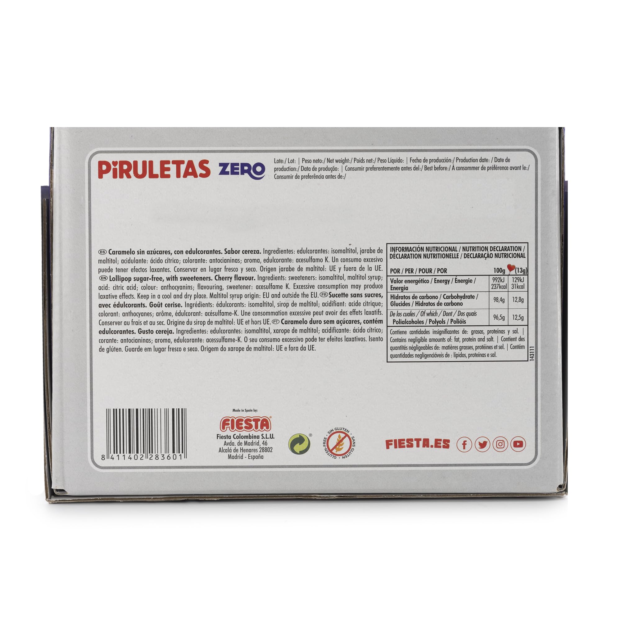 FIESTA Piruletas Zero Caramelo con Palo en Forma de Corazón Sabor Cereza - Sin Azúcar - Caja de 70 unidades
