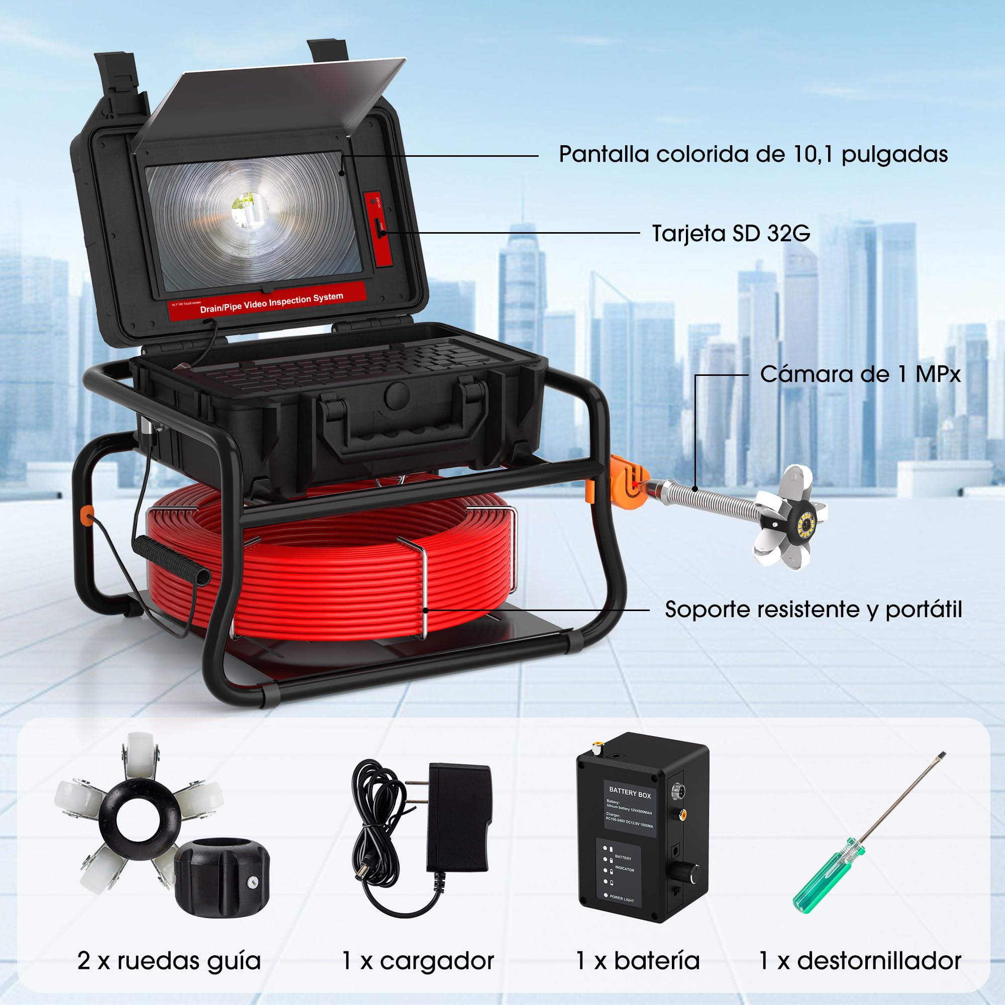 Camara Inspeccion Tuberias con Localizador de 512 Hz, Pantalla Táctil de 10.1 Pulgadas 1080P, Camara Tuberias con Autonivelación y Transmisor, Cámara de Inspección con Grabador de Audio