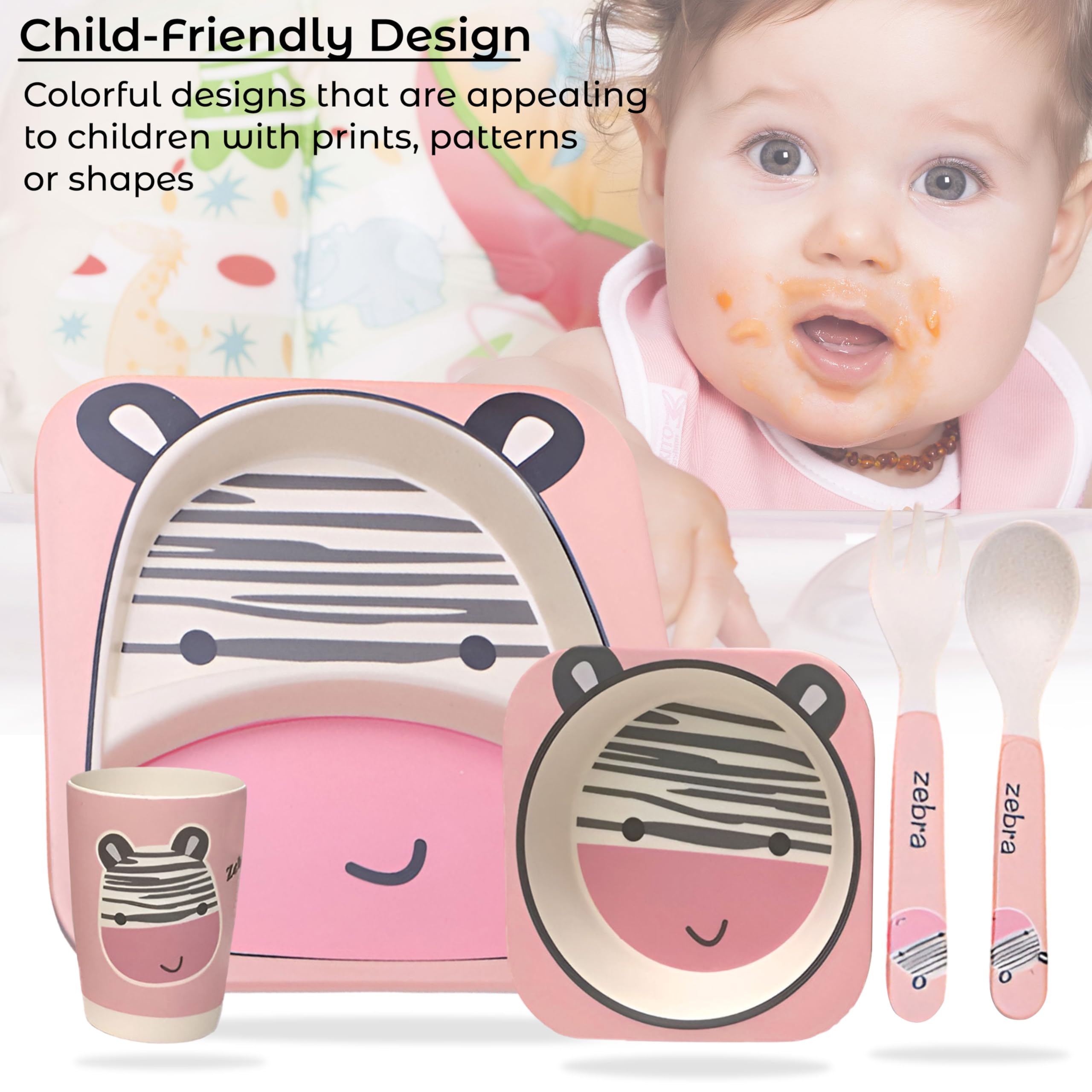 Bembika Baby Self Feeding Essential Baby Dinnerware Bamboo Fibre Dinner Set for Kids for Kids and Toddlers - Pack of 5 (Pink) 4