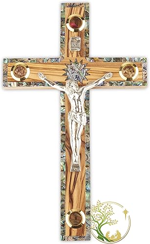 Crucifijo de pared de madera de olivo de Jerusalén Crucifijo de plata con diseño de nácar - Estrella de Belén en una cruz de madera - Hecho en la