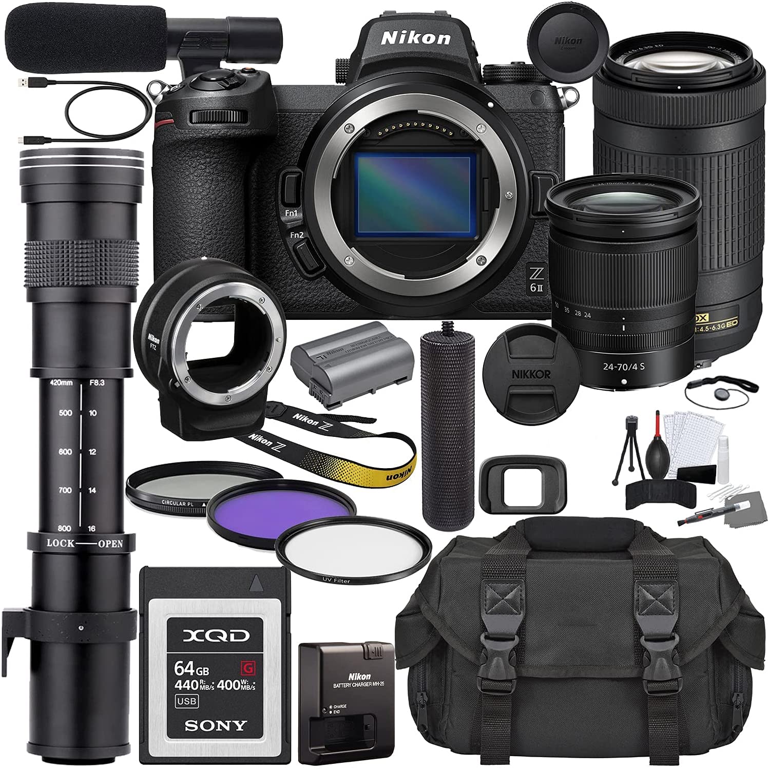 Nikon Z6II Mirrorless Digital Camera with 24-70mm Lens (1663) & AF-P 70-300mm Bundle + 420-800mm MF 