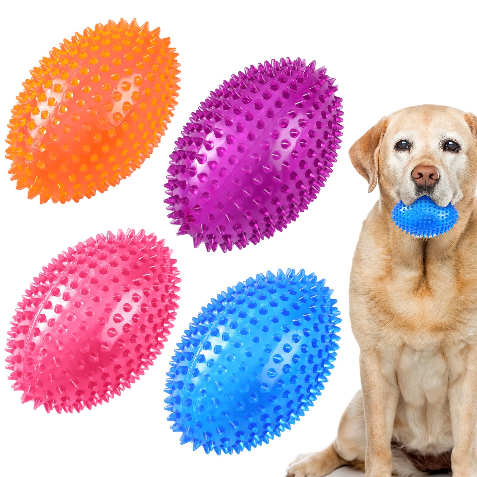 Silipull 4 Pcs Spiky Squeaker Football Dog Toy for Medium Large Dogs Spiky Dog Balls Puppy Chew Toys for Aggressive Chewers Training Fetch Toys(Vivid,Colorful)