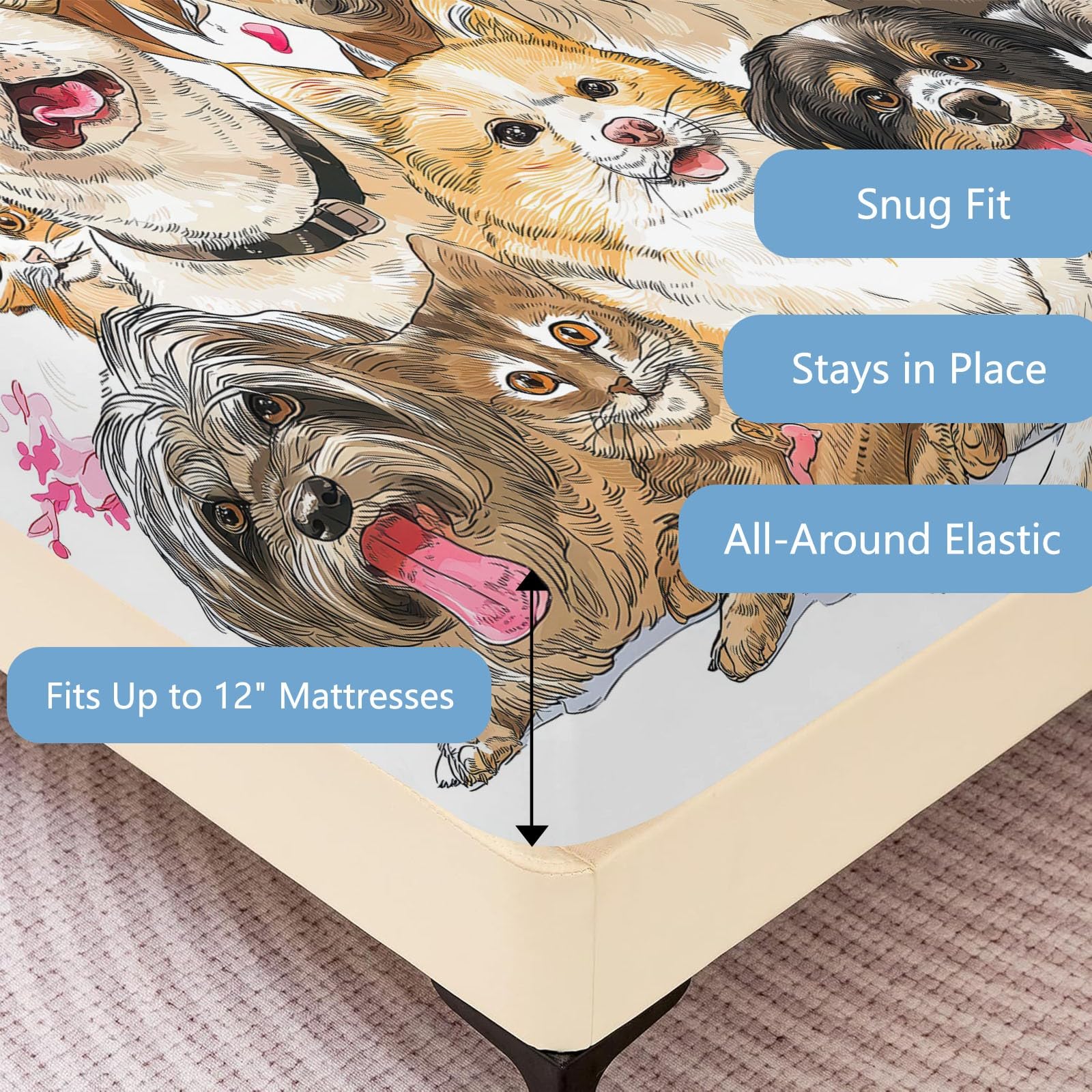 Juego de 3 sábanas bajeras ajustables de 140 x 200 cm para cuna, sábana bajera ajustable de microfibra transpirable, sábana bajera con bonito animal, gato y perro y 2 fundas de almohada con cremallera