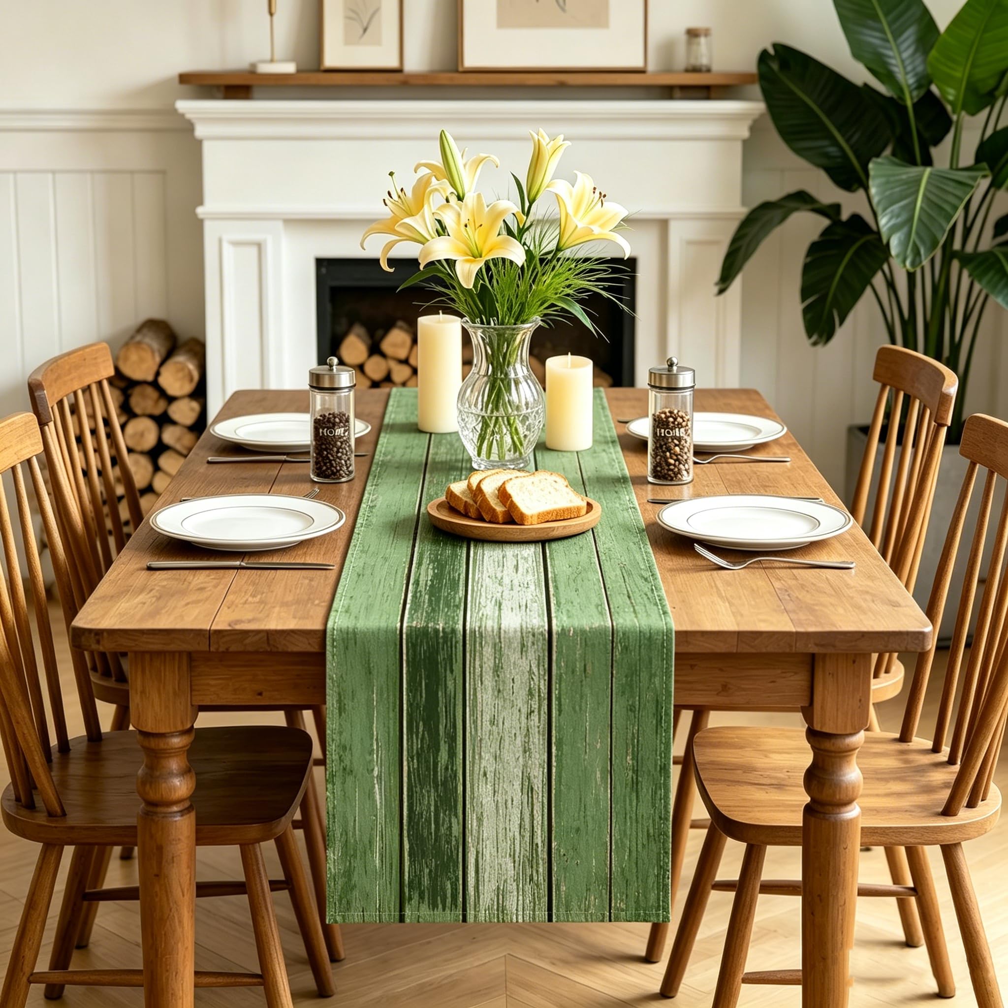 LOZULO Green Table Runner Vintage Runner Table Country Style Linen Decor Washable Table Runner Party Striped Table Decoration Outdoor Weatherproof 180x40 for Coffee Table