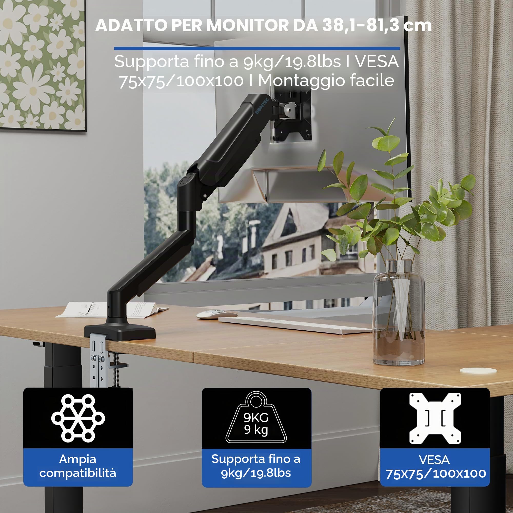 BONTEC Supporto per monitor 13-32 Pollici con braccio monitor a molla a gas regolabile, compatibile con monitor gaming e schermo PC fino a 9 kg, VESA 75/100 mm, rotazione 360°, altezza regolabile