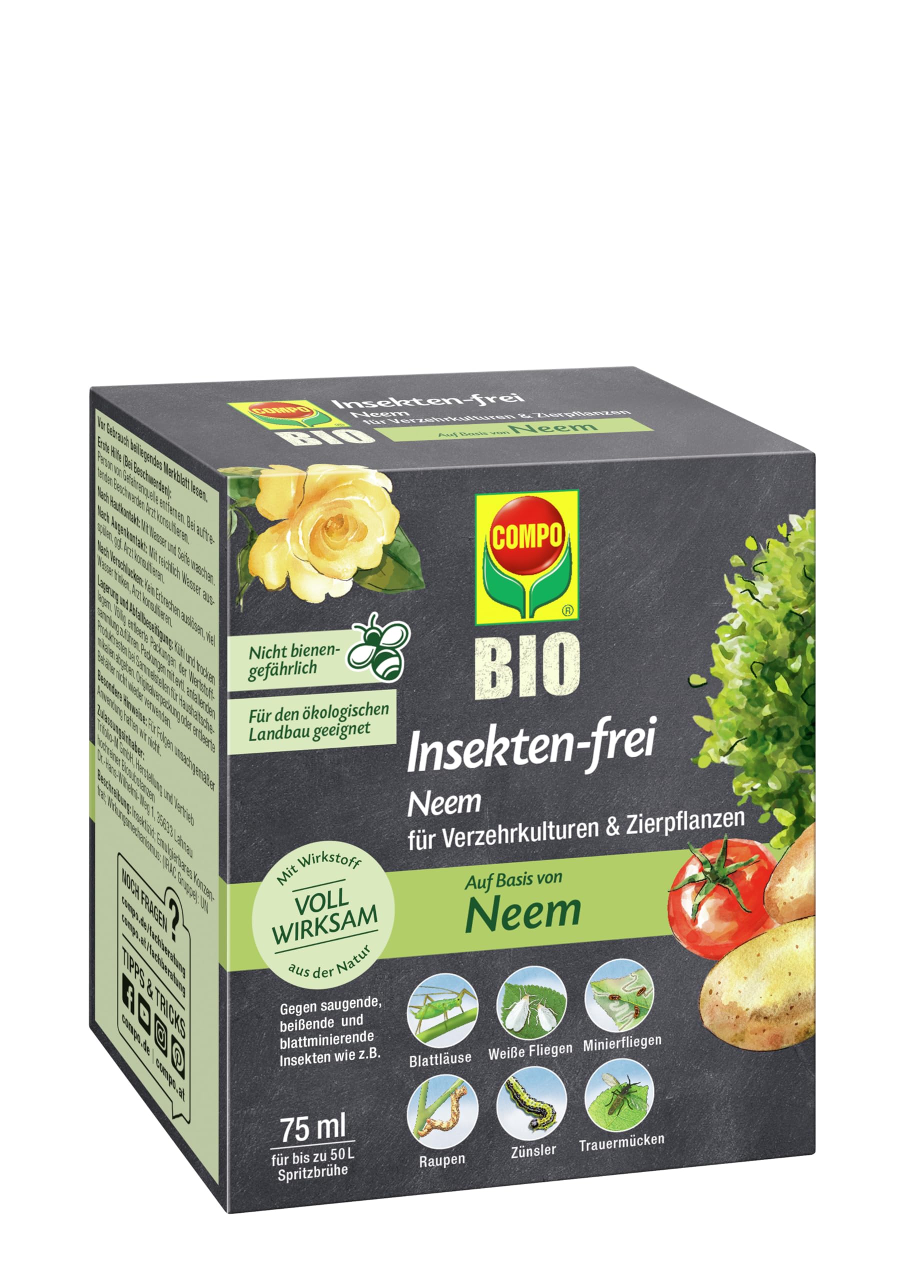 Compo Bio Insekten-frei Neem, Bekämpfung von Schädlingen (u.a. Buchsbaumzünsler) an Zierpflanzen, Kartoffeln, Gemüse und Kräutern, 75 ml, 300m²