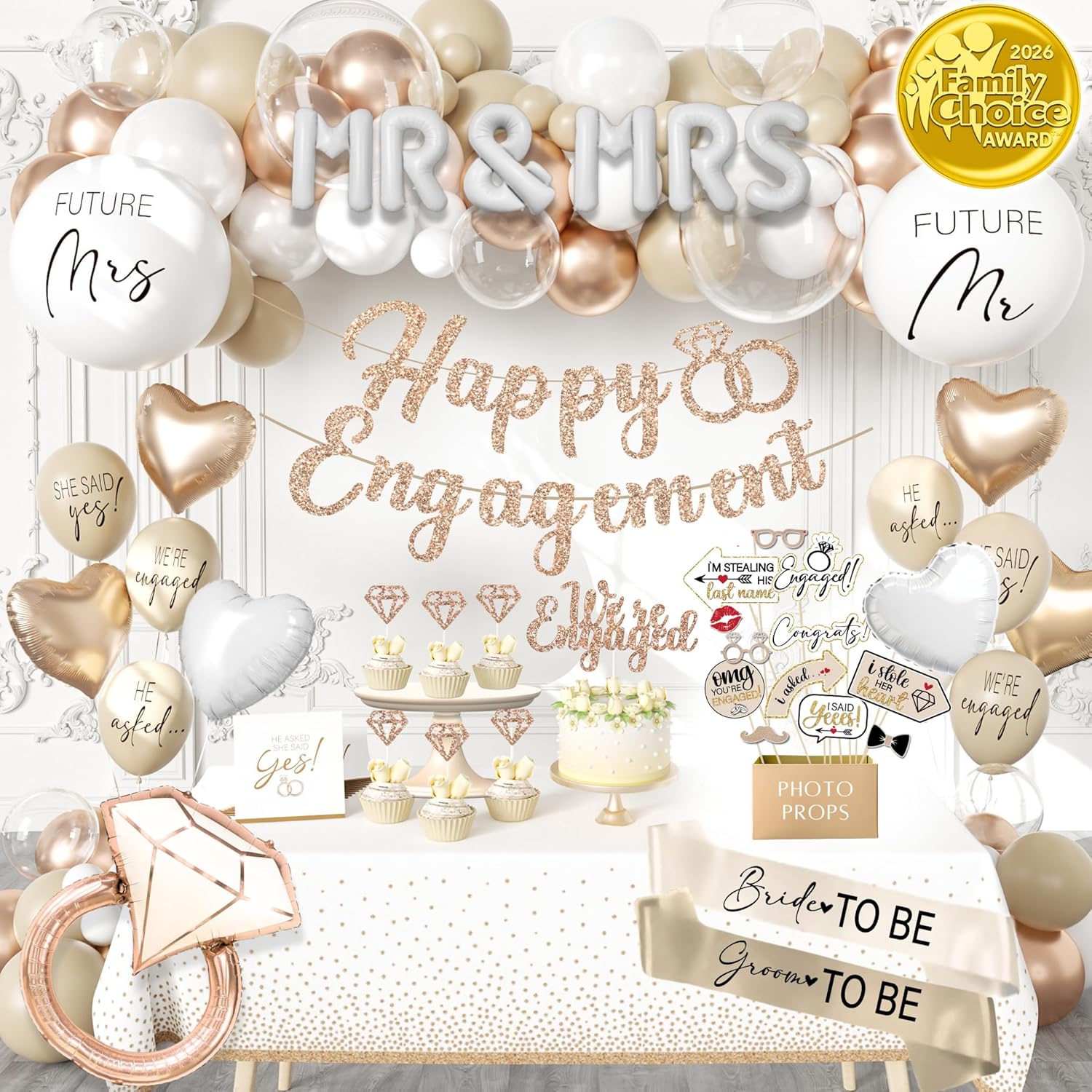 261 Pc Premium Engagement Party Decorations Kit – Elegant Mr. & Mrs. Wedding Balloons, Happy Engagement Banner, Diamond Ring White Gold Balloons, Cupcake Toppers – Classy Bride To Be Decor