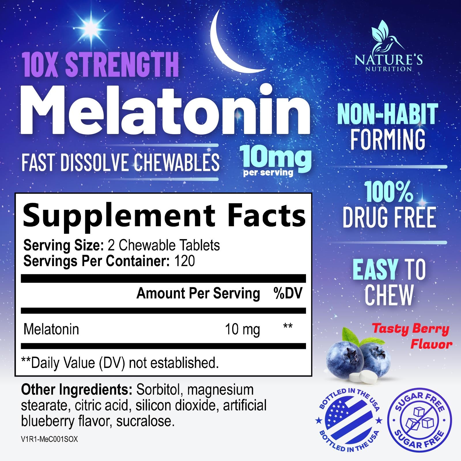 Melatonin Sleep Supplement 10mg - Maximum Strength 100% Drug Free, Non-Habit Forming - Best Sleep Supplements for Adults Restful Sleep - Fast Dissolve Melatonin, Berry Flavored - 240 Chewable Tablets — Amazon image 2
