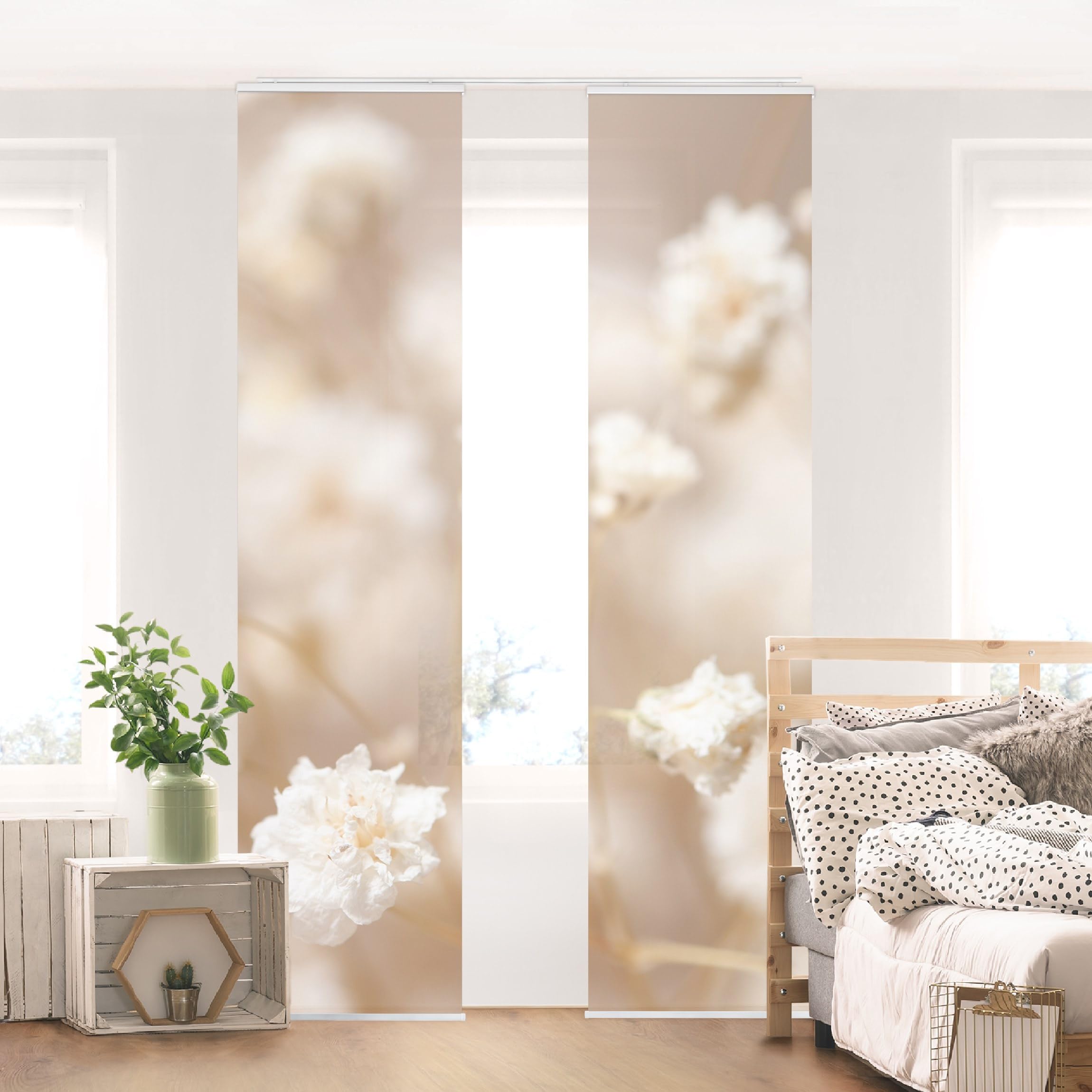 Schiebegardine halbtransparent 60er Paneel Klett Blumen Textil lichtdurchlässig - Blumenwiese Landhaus Flächenvorhang beige Wohnzimmer Schlafzimmer 2280 (120x250 cm - 2er Set)