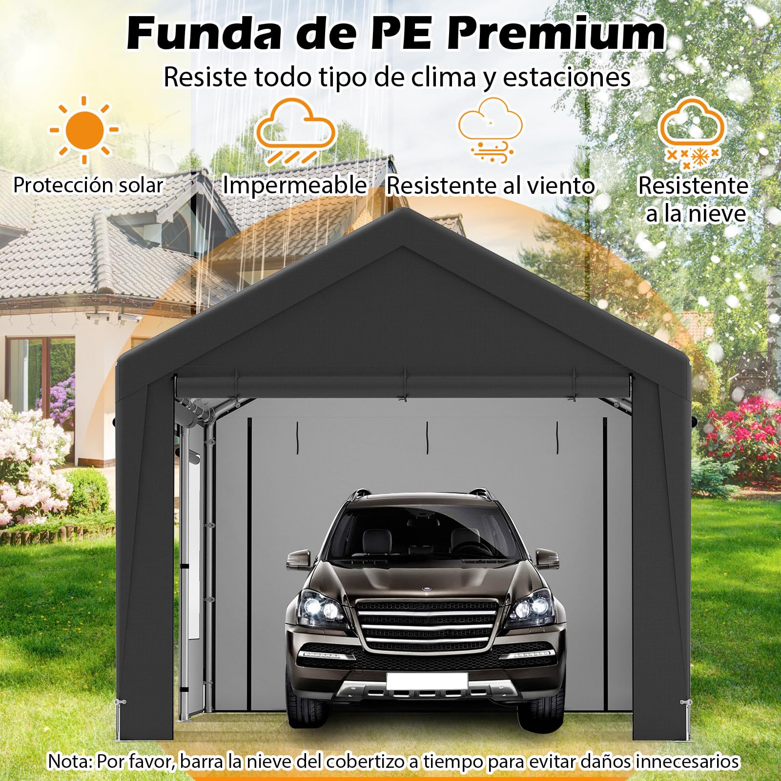 COSTWAY Garaje Exterior para Coche 5,95 X 3 m, 8 Paredes Laterales Desmontables, Puertas Enrollables, Ventanas Ventiladas, Carpa para Garaje para SUV Camión