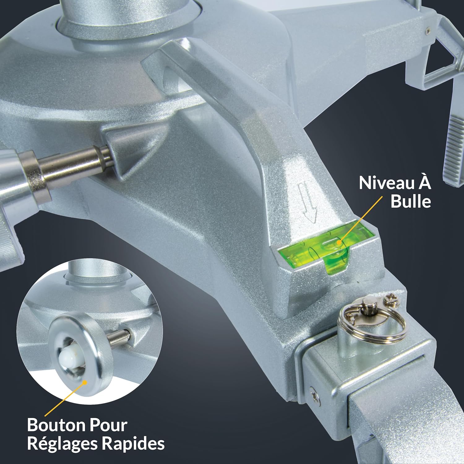 Close-up of the built-in bubble level on the tire clamp, indicating horizontal alignment.