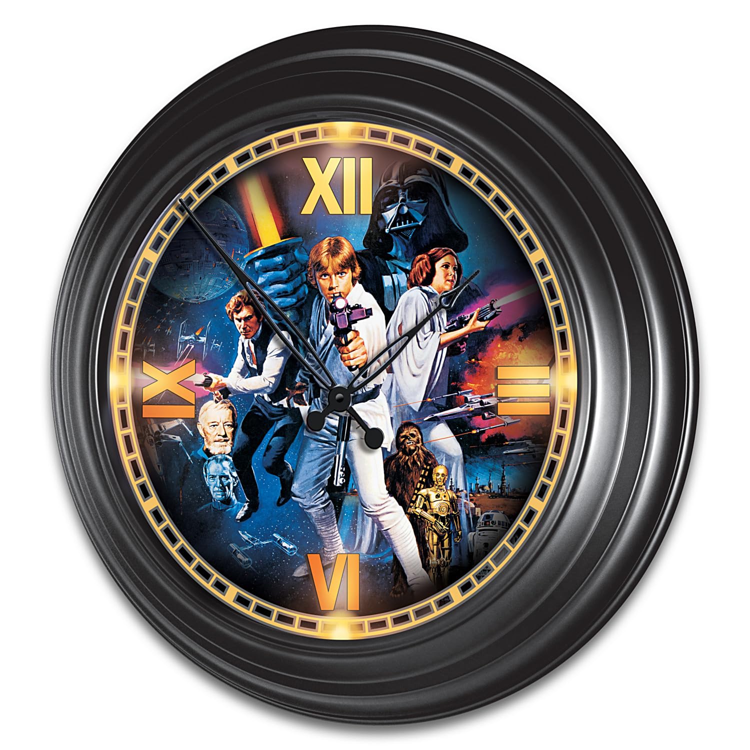 The Bradford ExchangeStar Wars 14-Inch Diameter Round Illuminated Outdoor Sleek Black Metal Atomic Wall Clock Featuring Poster Art for The Movie Star Wars: A New Hope