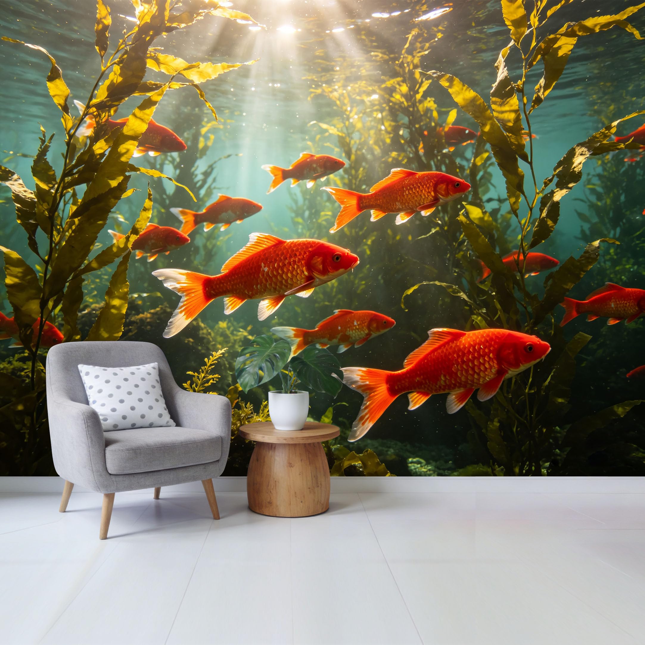 Qzlithotic Yq2605250184 Custom Size Wall Mural Golden Koi Fish Swimming Underwater Tropical Marine Landscape Selfadhesive Wall Fabric Removable Wallpaper For Home Office Decor