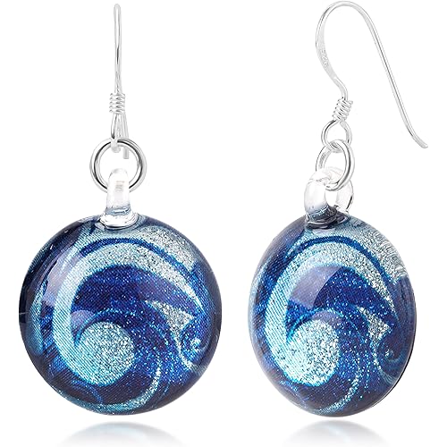 925 Sterling Silver Hand Blown Glass Jewelry Glittery Blue Sea Wave Design Round Shape Dangle Earrings