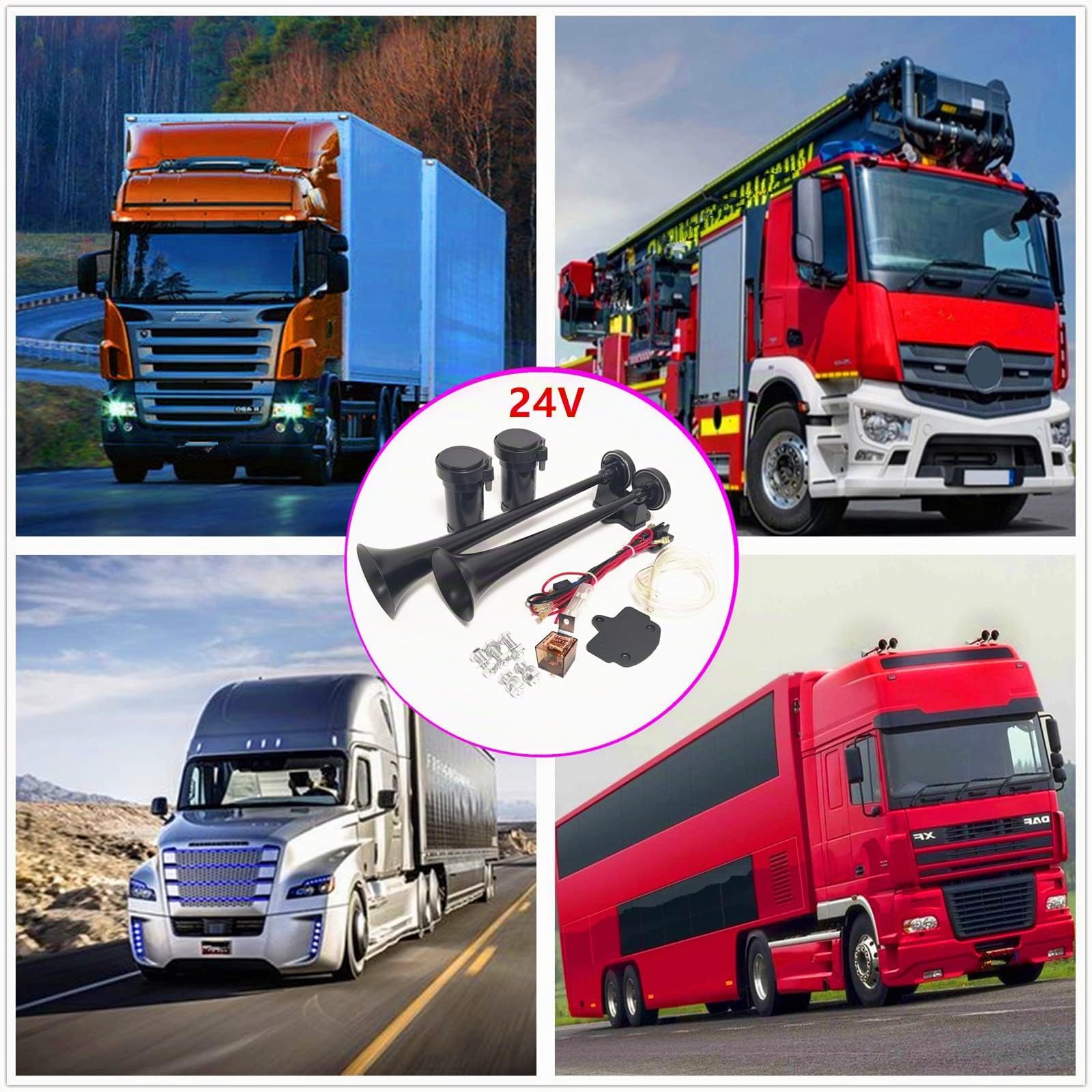 Clacson Tromba d'aria 24V Air Horn Tromba per camion 170db Tromba elettrica a doppio tubo tweeter nero e tromba del basso con Air Pump Altoparlante Car Horn per 24V camion Moto Vans nave ecc