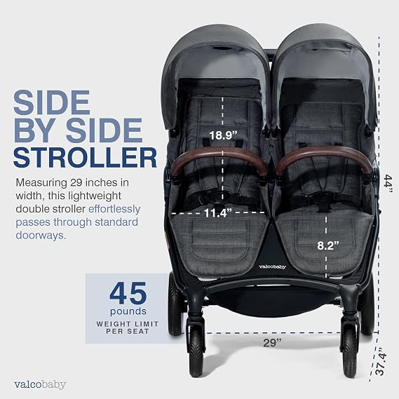 Valco Baby - Trend Duo Double - Side by Side Double Stroller for Newborn and Toddler - Easy Compact Fold, Multi-Position Recline, Large Canopy Infant Twin Stroller 2025 (Charcoal)