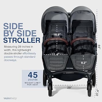Valco Baby - Trend Duo Double - Side by Side Double Stroller for Newborn and Toddler - Easy Compact Fold, Multi-Position Recline, Large Canopy Infant Twin Stroller 2025 (Charcoal)