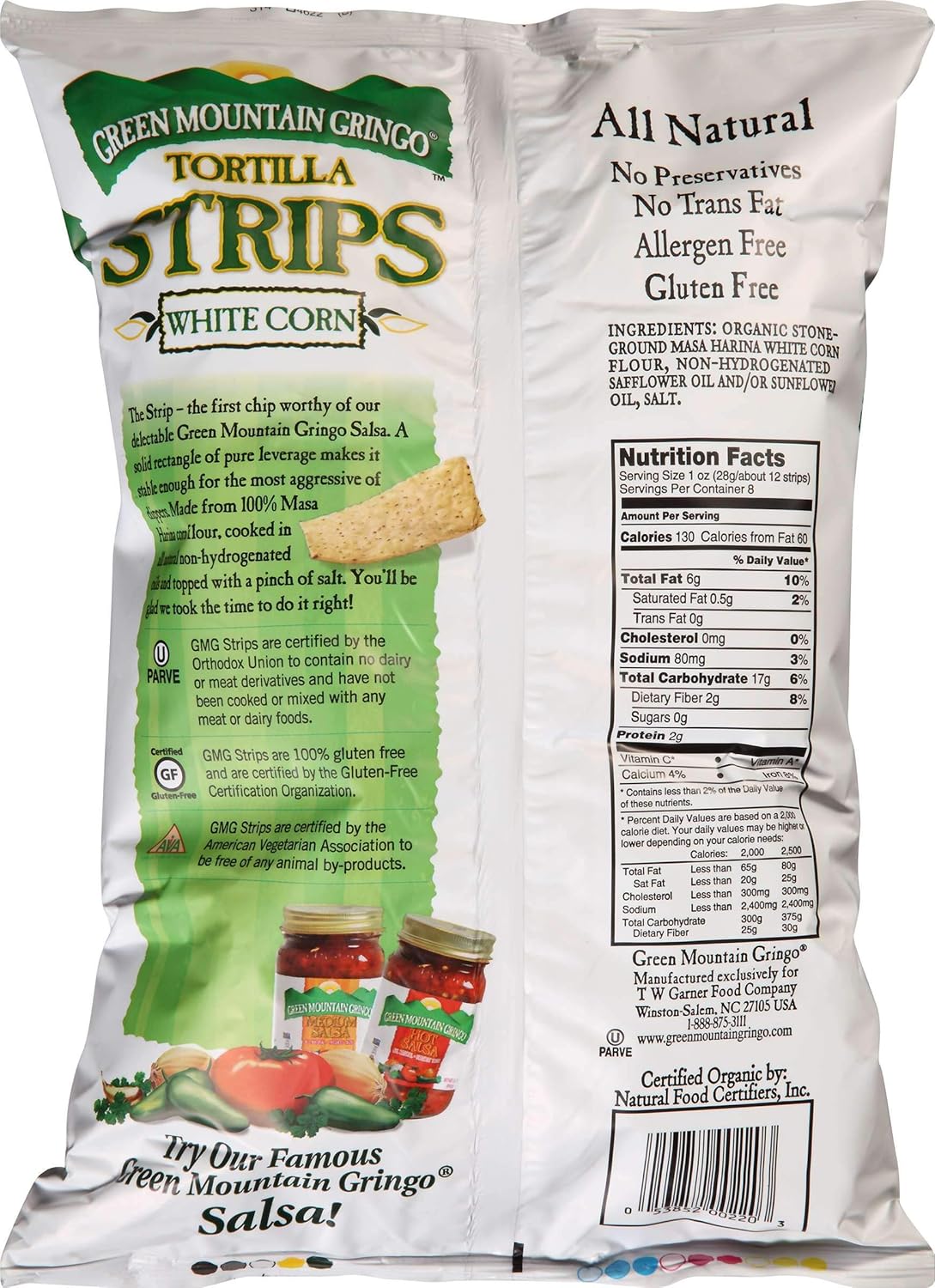 Green Mountain Gringo Organic White Corn Tortilla Strip, 8 Ounce - 12 per case.12