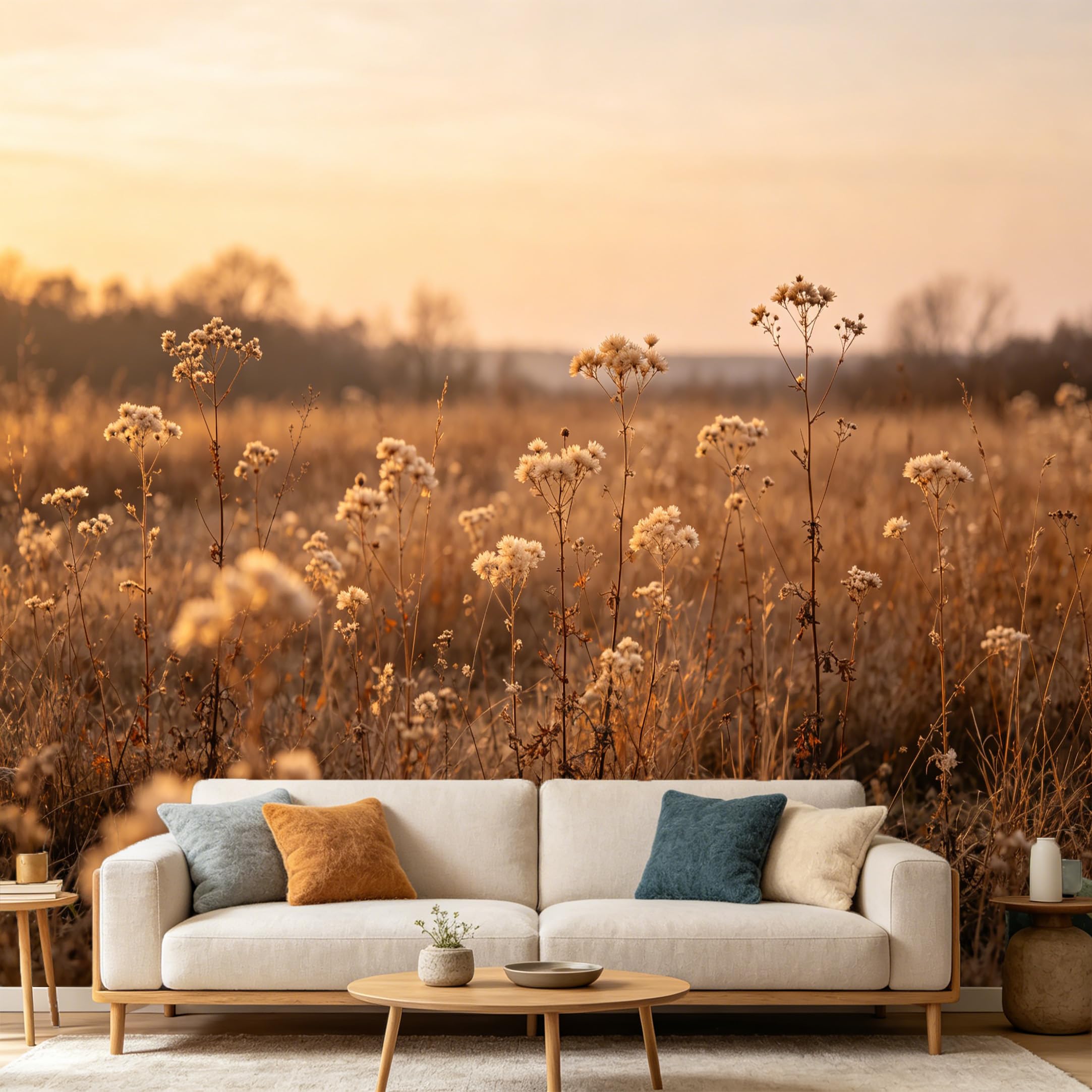 Custom Size Wall Mural Sunset Meadow Wildflowers Landscape Minimalist Farmhouse Nature SelfAdhesive Art Prints wall Fabric（No PVC） Removable Wallpaper Home Bedroom Decor