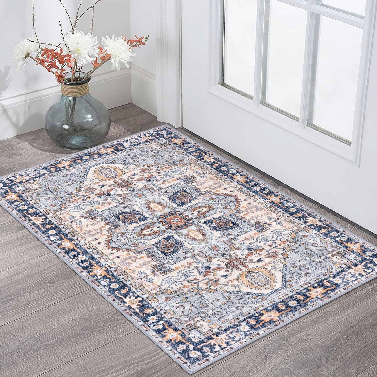 KOZYFLY Small Area Rug 2x3 Ft Rugs for Entryway Washable Boho Entry Rug Non Slip Door Mat Indoor Entrance Faux Wool Vintage Printed Kitchen Rug Throw Rugs for Entrance Kitchen, Blue Gray/Cream — image 1