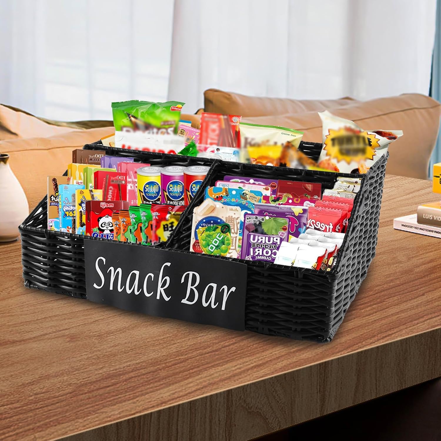 Snack Organizer for Countertop, 3 Compartment Wicker Snack Organizer, Trapezoid Snack Basket Container Snack Holder Bin for Kitchen Pantry Organizers and Storage, Snack Bar Station - Black