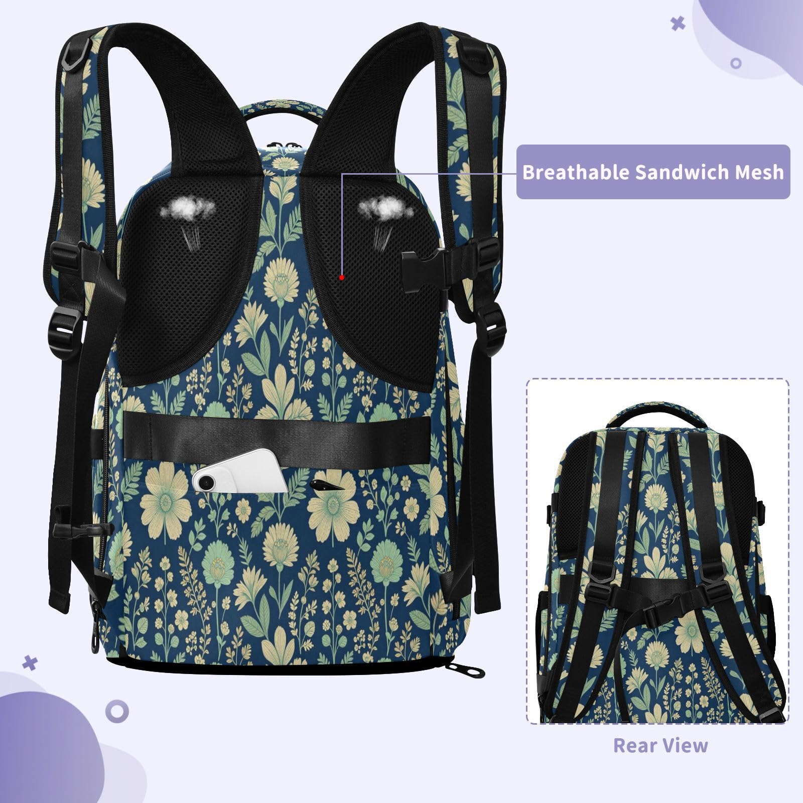 Plecak podręczny do samolotów torba na laptopa 15,6 cala dla | Wodoodporna lekka torba studencka boho granatowa kwiatowa botaniczna sztuka kwiatowa 15,6 torba na laptopa do szkoły mochilas